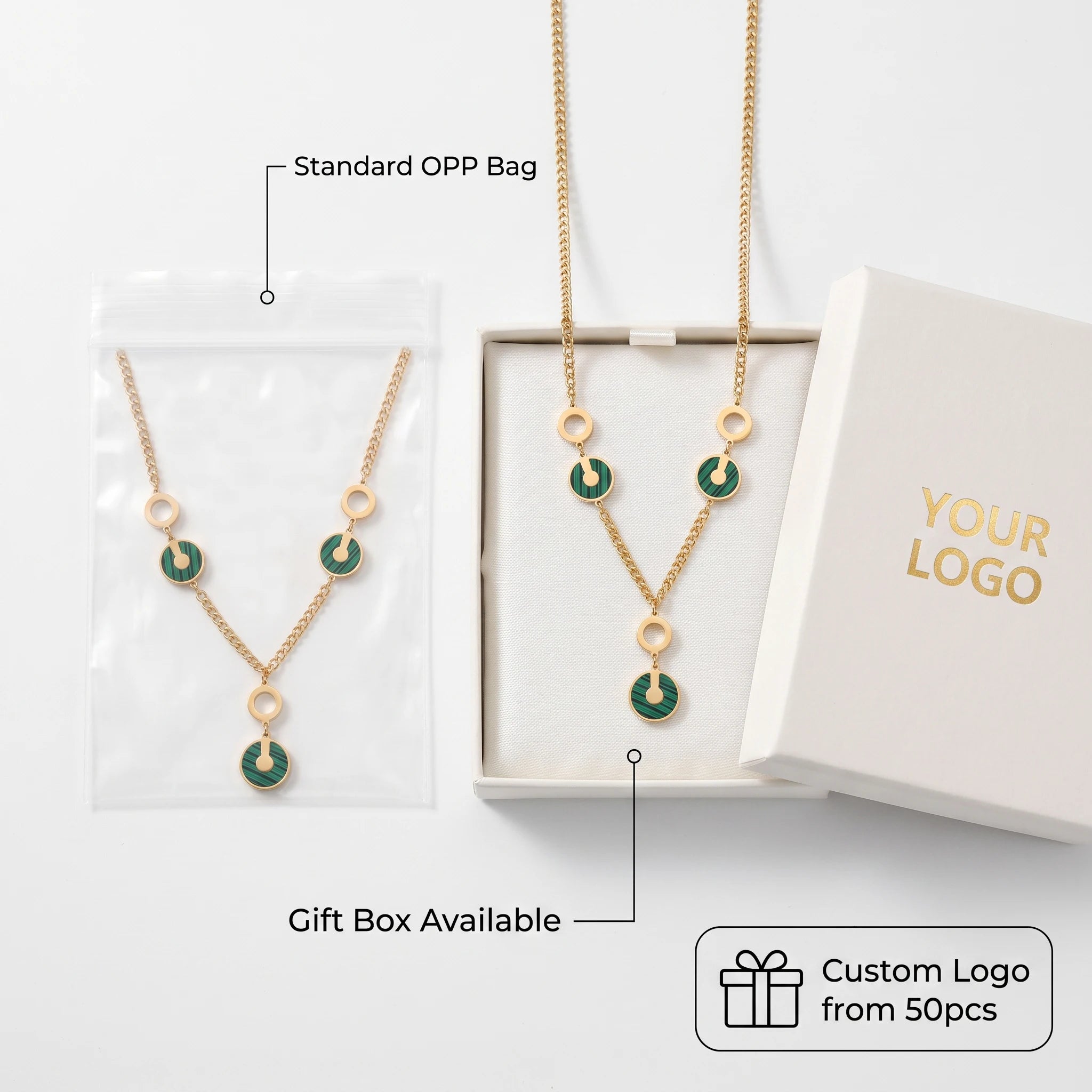 QIAOREN 14417 Paved CZ Concentric Circle Pendant Curb Chain Necklace, Stainless Steel Necklace Jewelry Gift