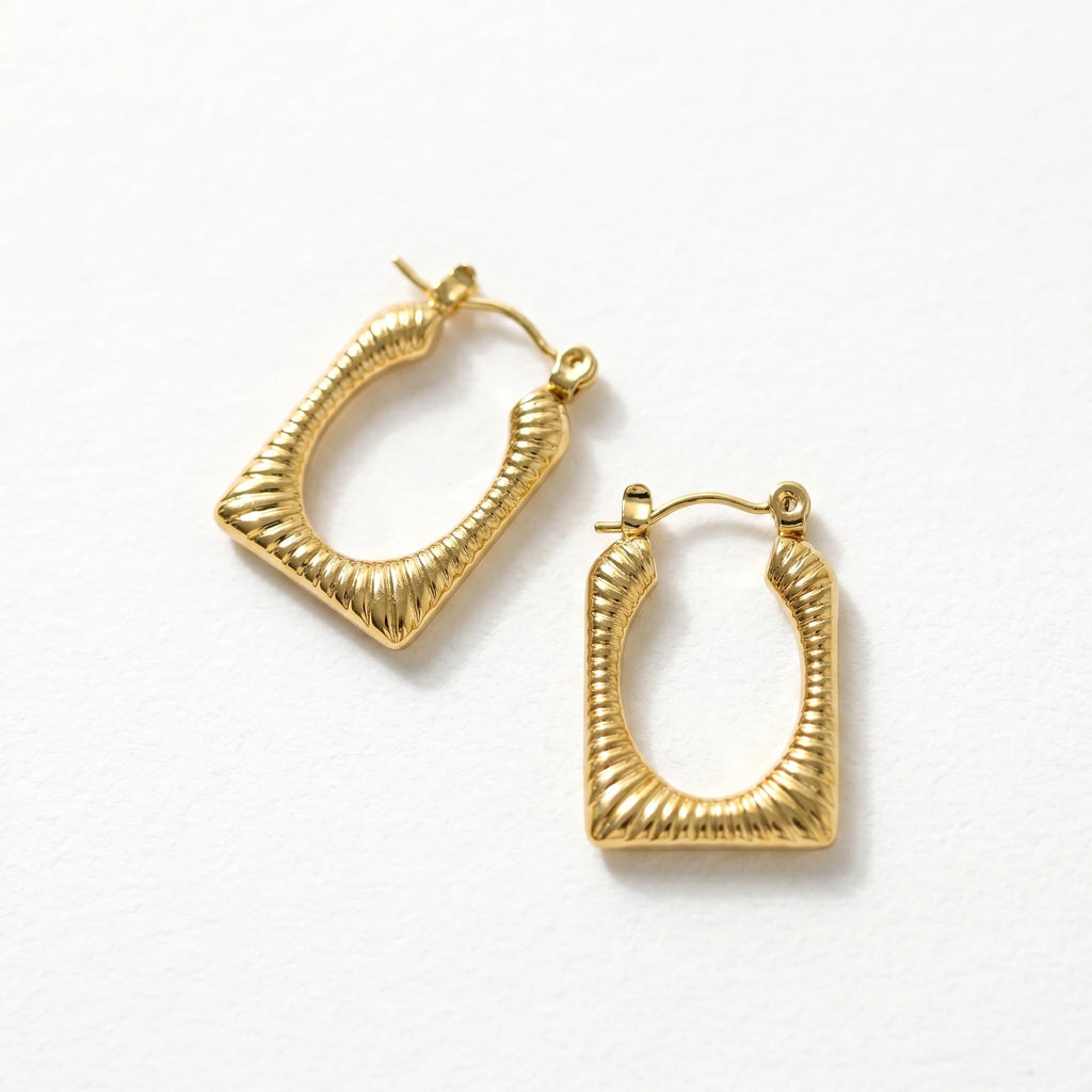 QIAOREN 12529 Waterproof Tarnish Free Ribbed Gold Earrings Stainless Steel Bold Fluted Rectangular Hoops Women US EU