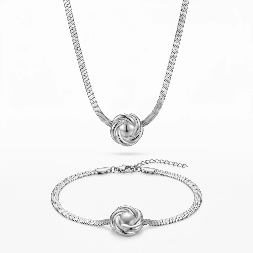 QIAOREN 12135 Vintage Twisted Knot Charm Stainless Steel  Necklace Bracelet Set Tarnish Free Gold Plated Ladies Jewelry