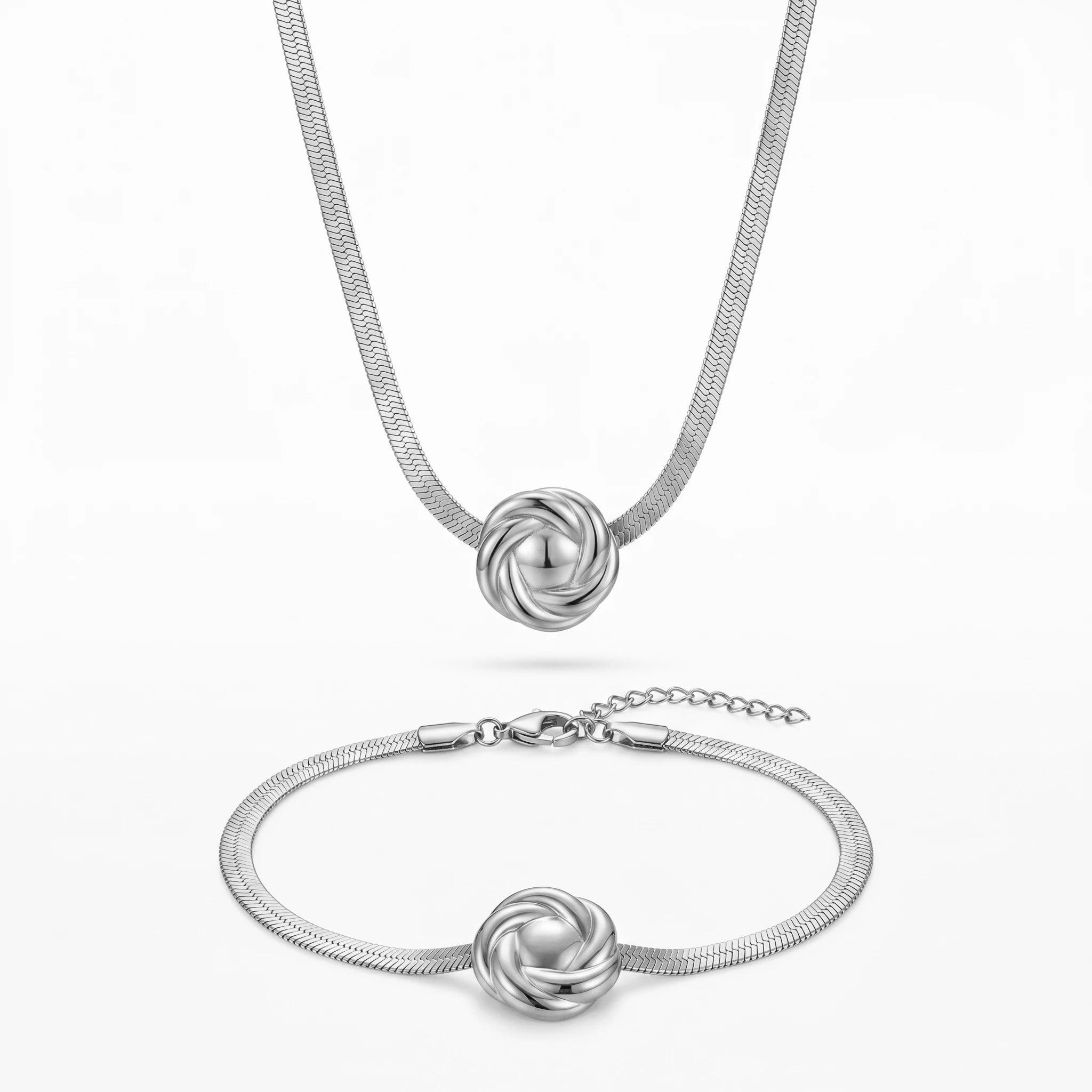 QIAOREN 12135 Vintage Twisted Knot Charm Stainless Steel  Necklace Bracelet Set Tarnish Free Gold Plated Ladies Jewelry
