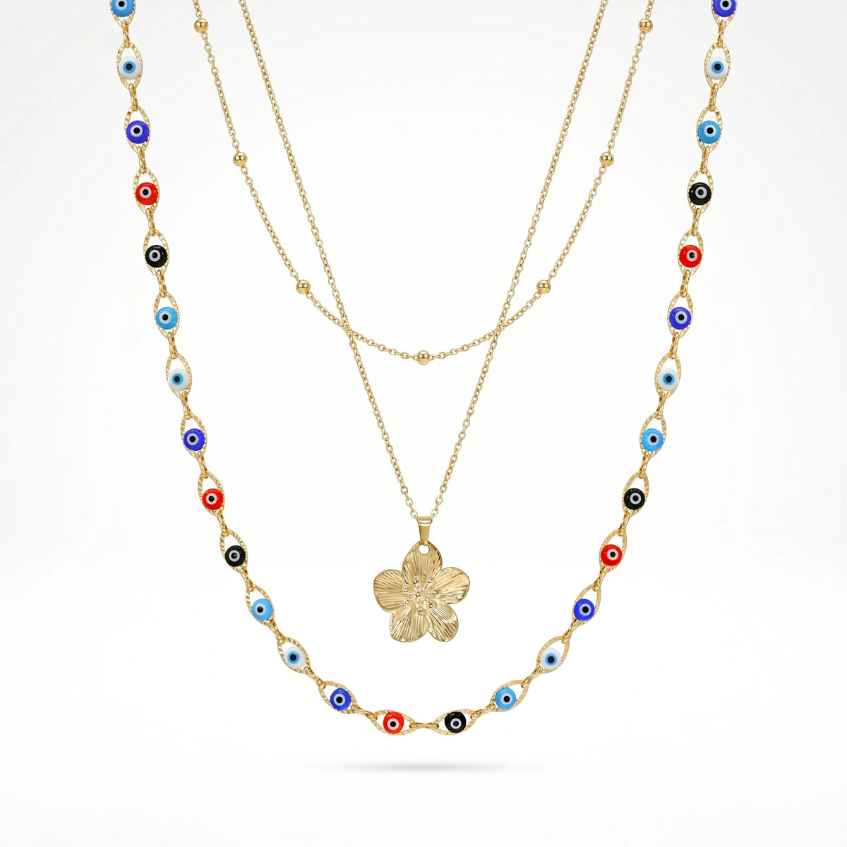 QIAOREN 12137  Fashion Trend Multicolored  Eye Bead Stainless Steel Flower Gold Necklace Gold Floral Chain