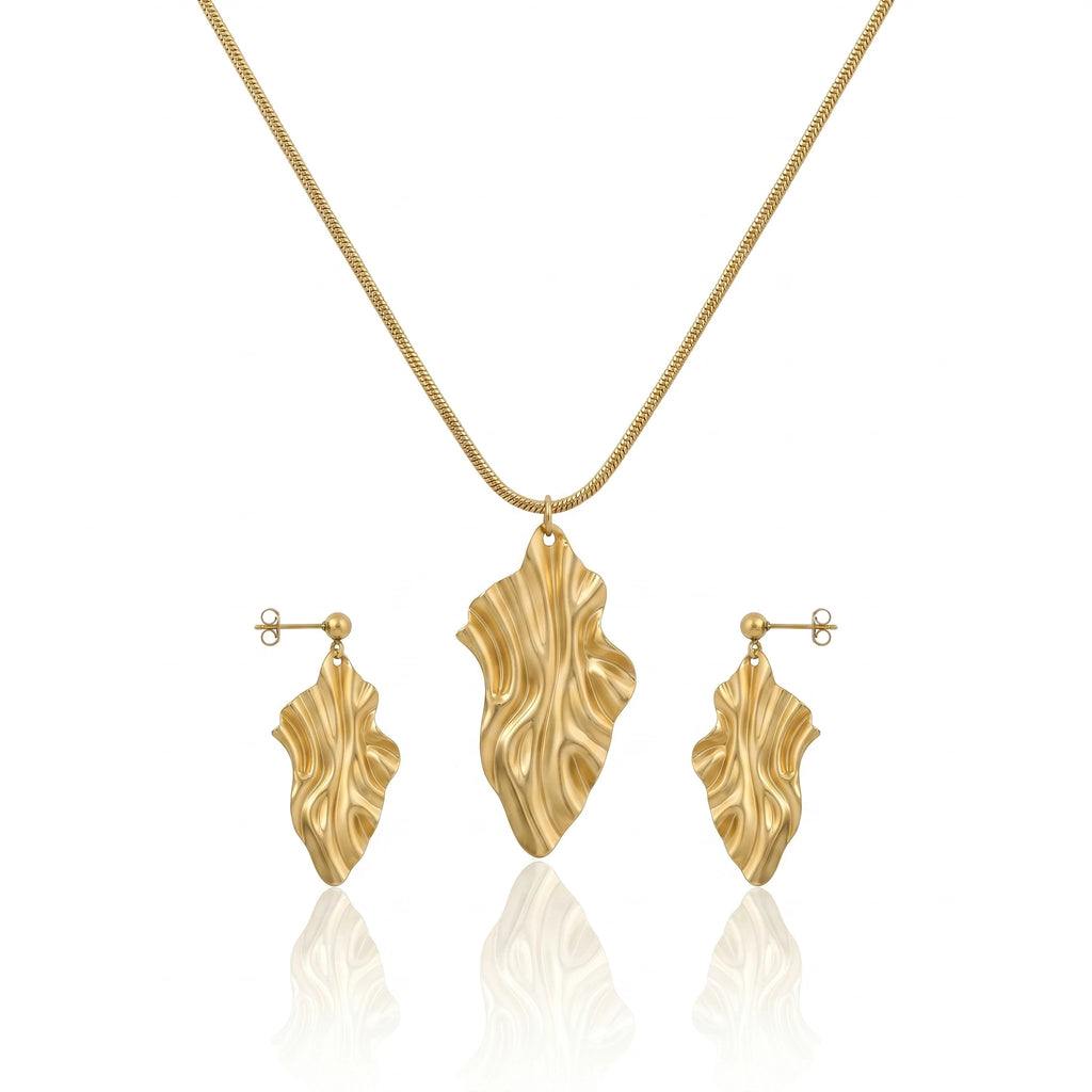 18K Gold Plated Irregular Textured Leaf Necklace Set, Waterproof Tarnish Free Stainless Steel Abstract Jewelry