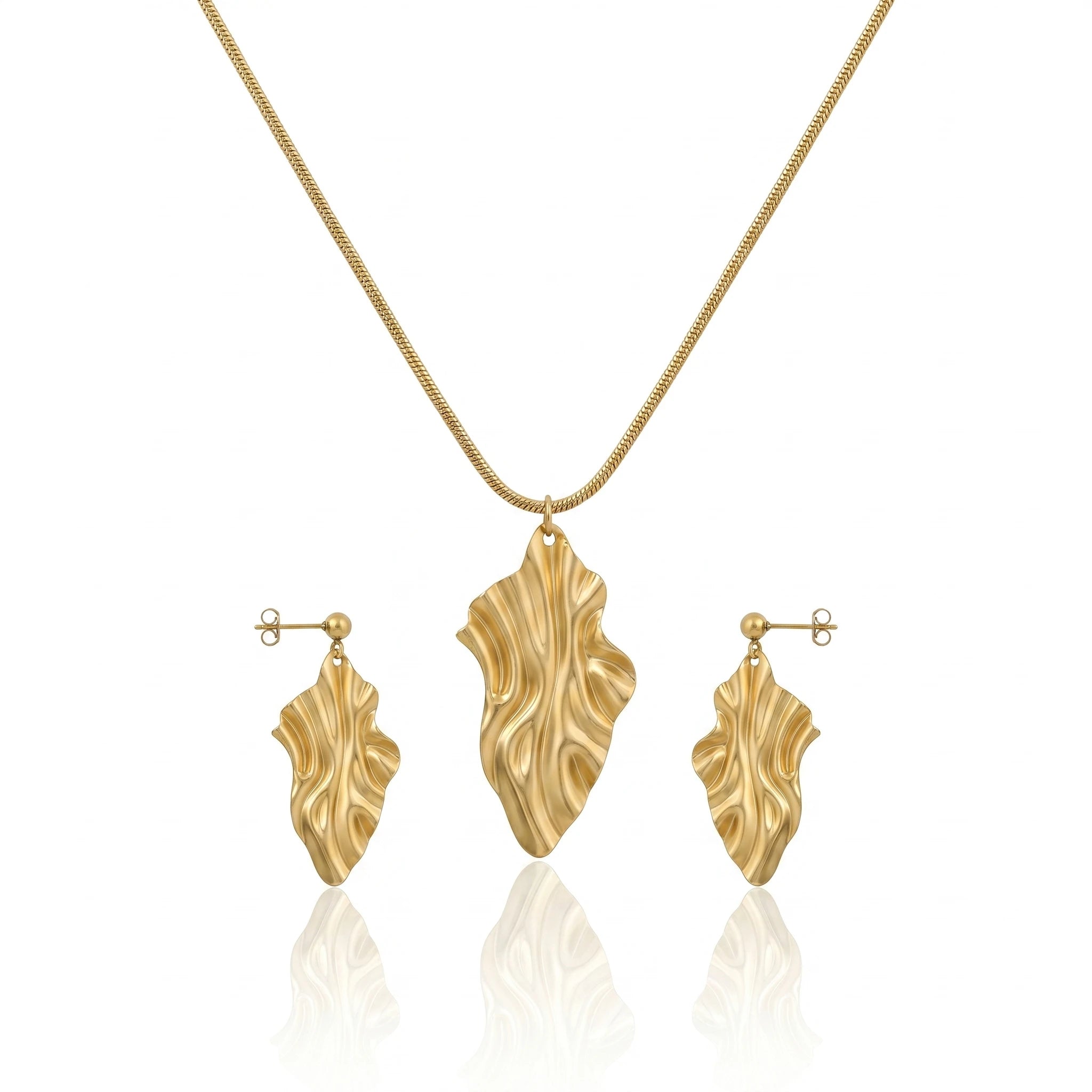 18K Gold Plated Irregular Textured Leaf Necklace Set, Waterproof Tarnish Free Stainless Steel Abstract Jewelry