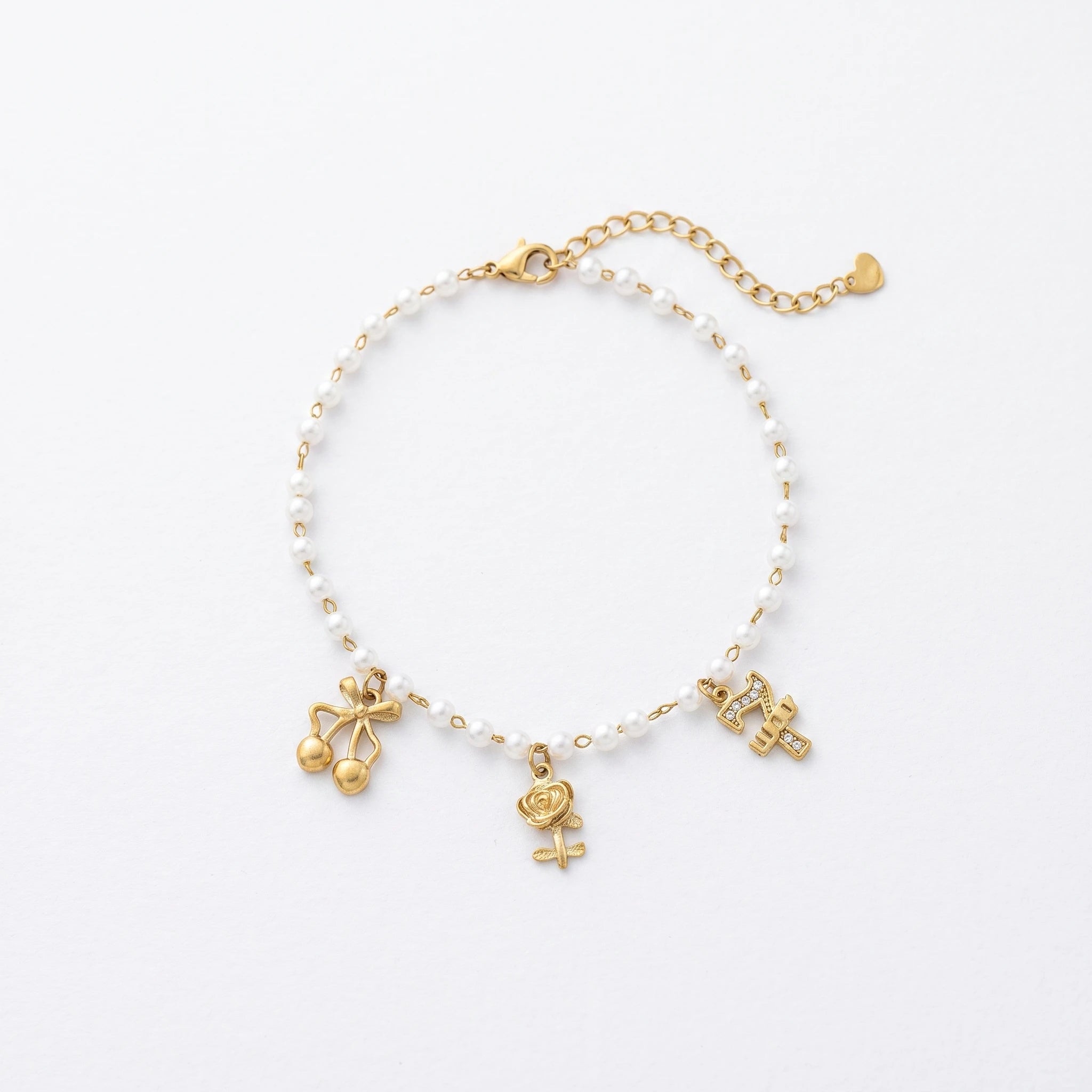 QIAOREN 13334 Coquette Pearl Anklet with Cherry Bow, Metal Rose & Rhinestone Letter Charms, Elegant Sweet Foot Jewelry Gift