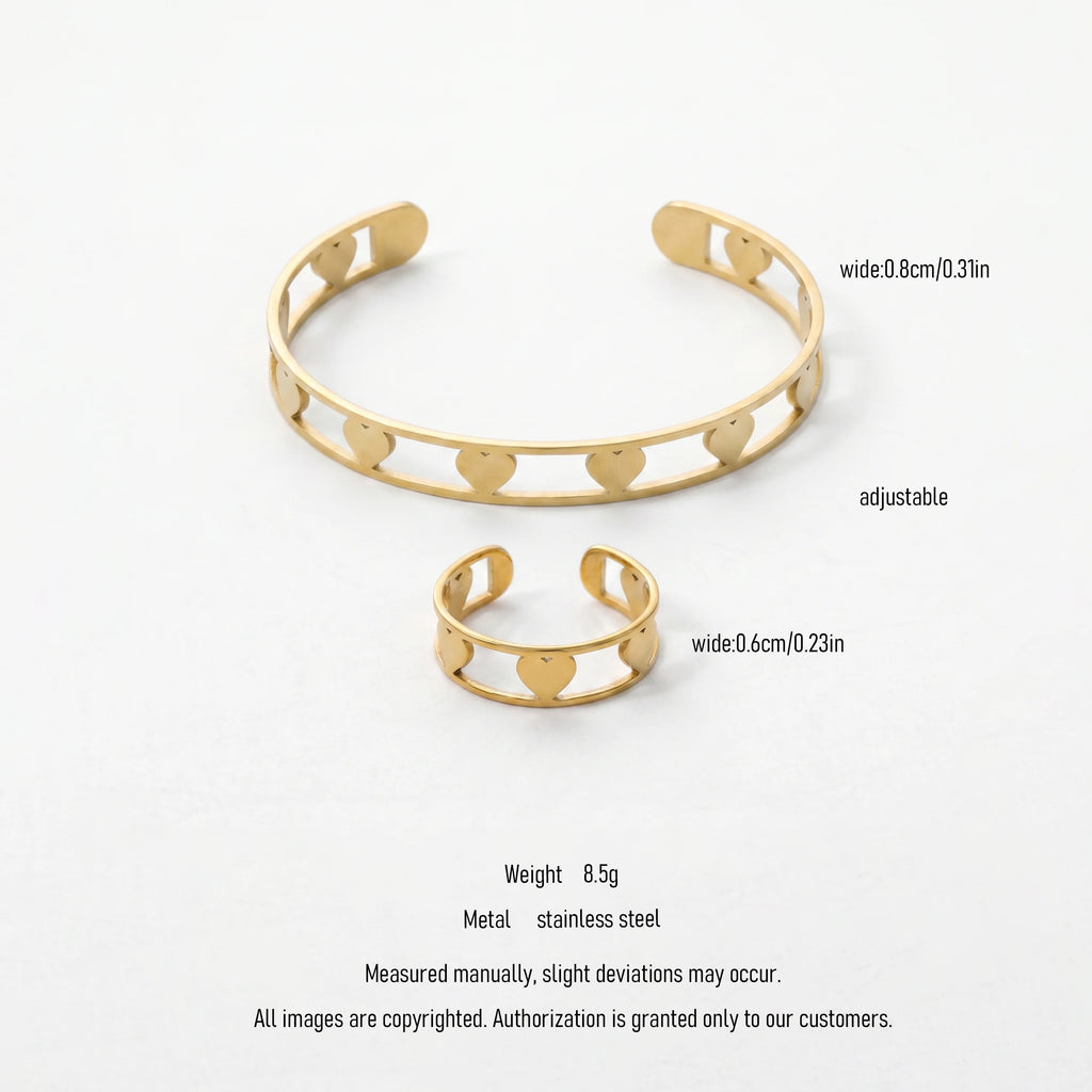 QIAOREN 11059 Luxury Gold Heart Cutout Bangle and Ring Set Stainless Steel Matching Jewelry for Women