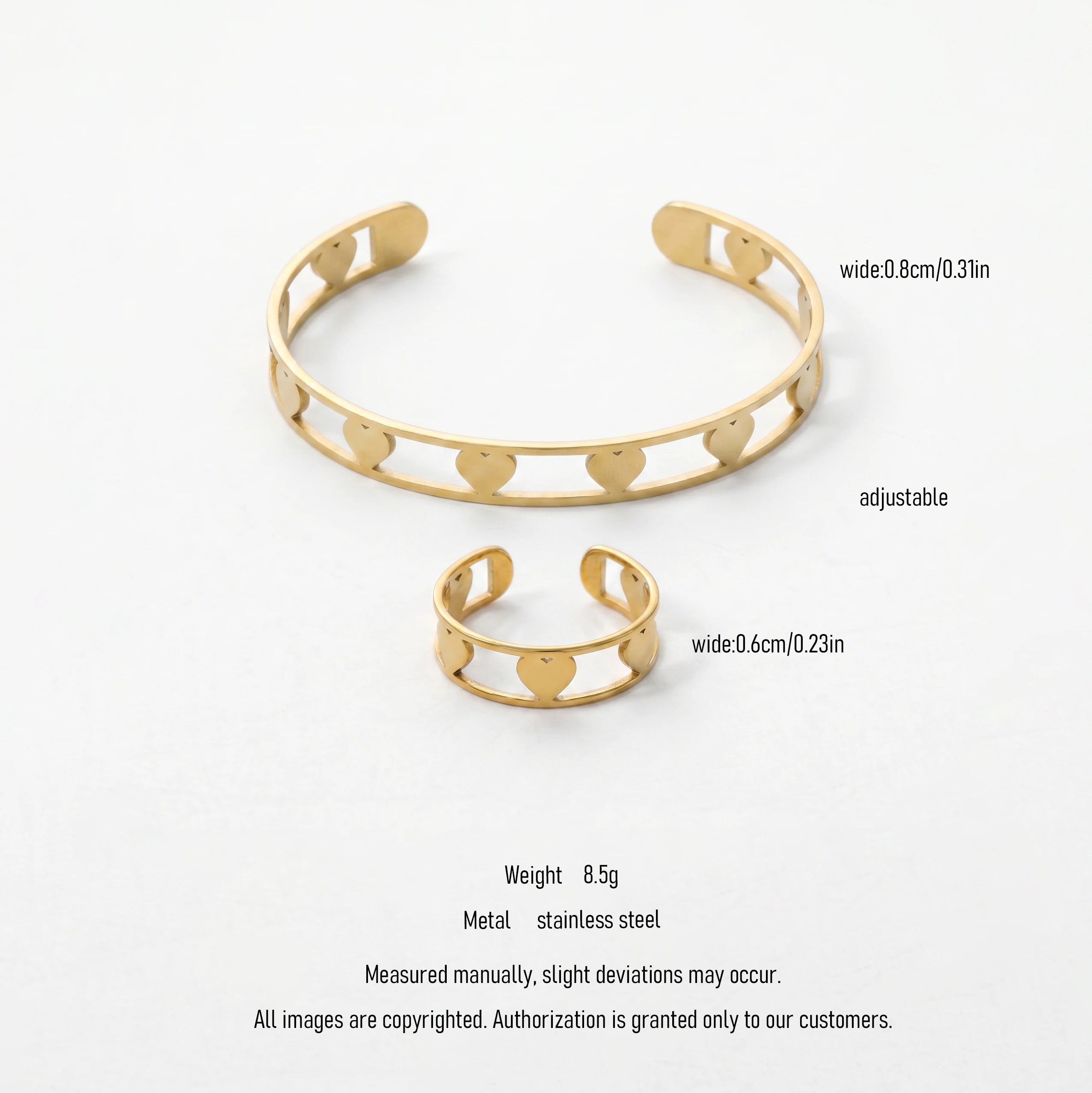 QIAOREN 11059 Luxury Gold Heart Cutout Bangle and Ring Set Stainless Steel Matching Jewelry for Women