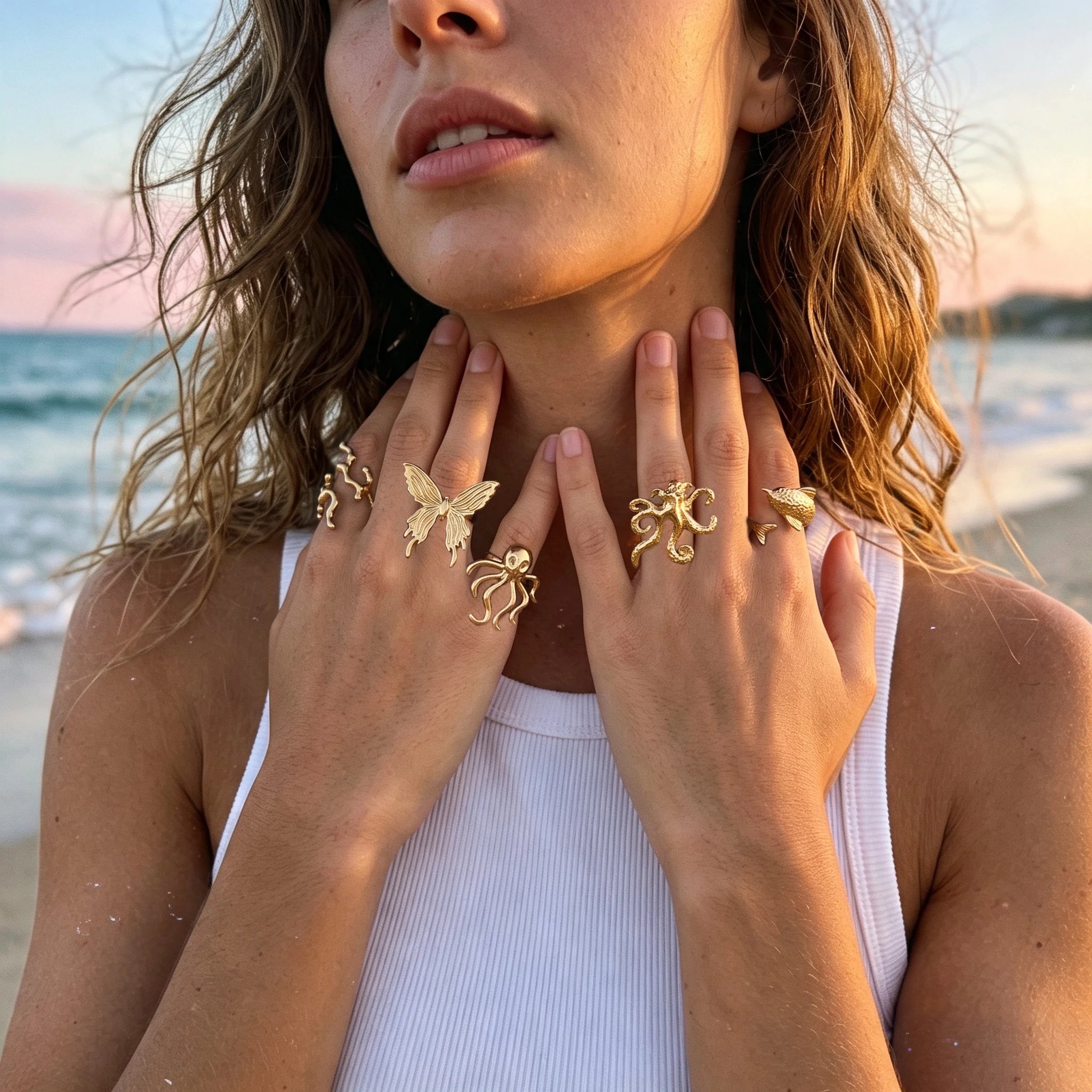 QIAOREN 14294-303 Ocean Inspired Animal Butterfly Open Cuff Ring Set, Adjustable Stackable Gold Tone Statement Rings