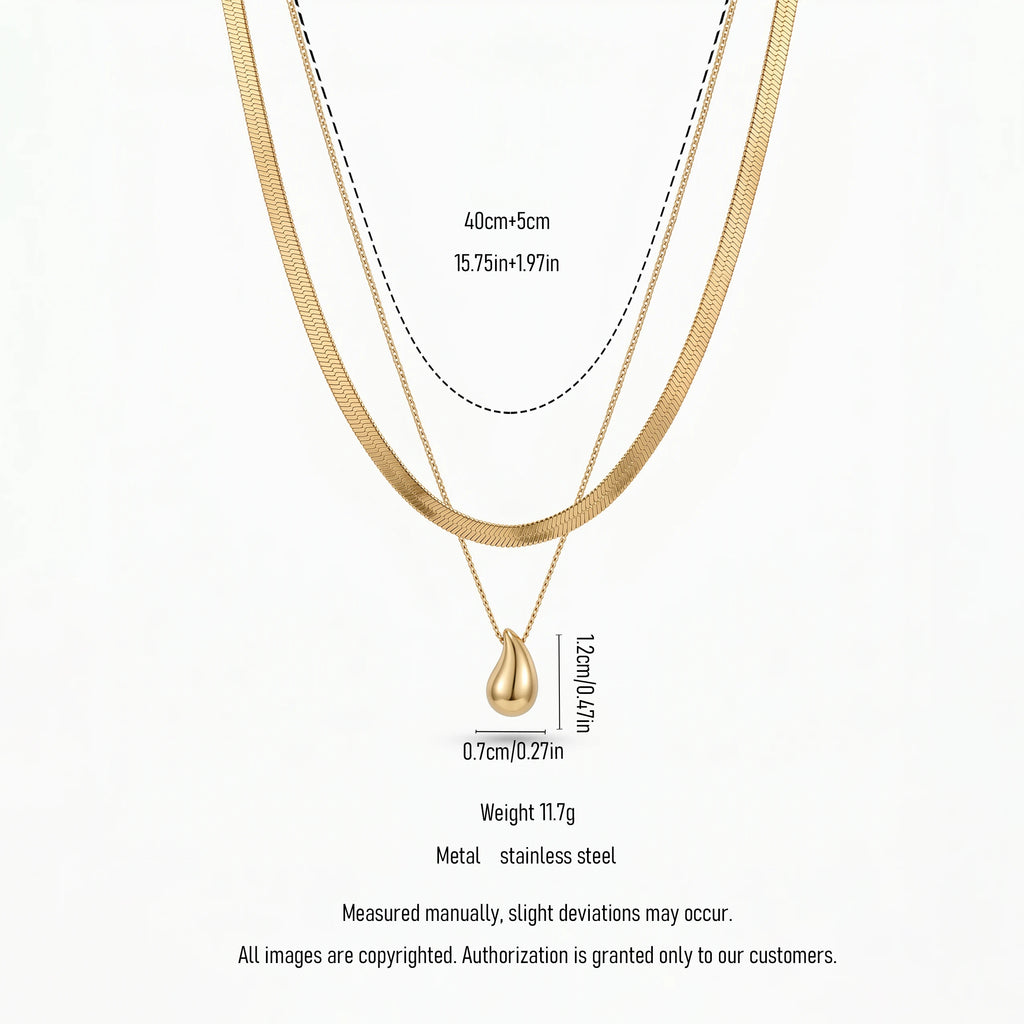 QIOAREN 12882 18K Gold Plated Herringbone Snake Chain Layered Necklace, Waterproof Tarnish Free Teardrop Pendant Stainless Steel