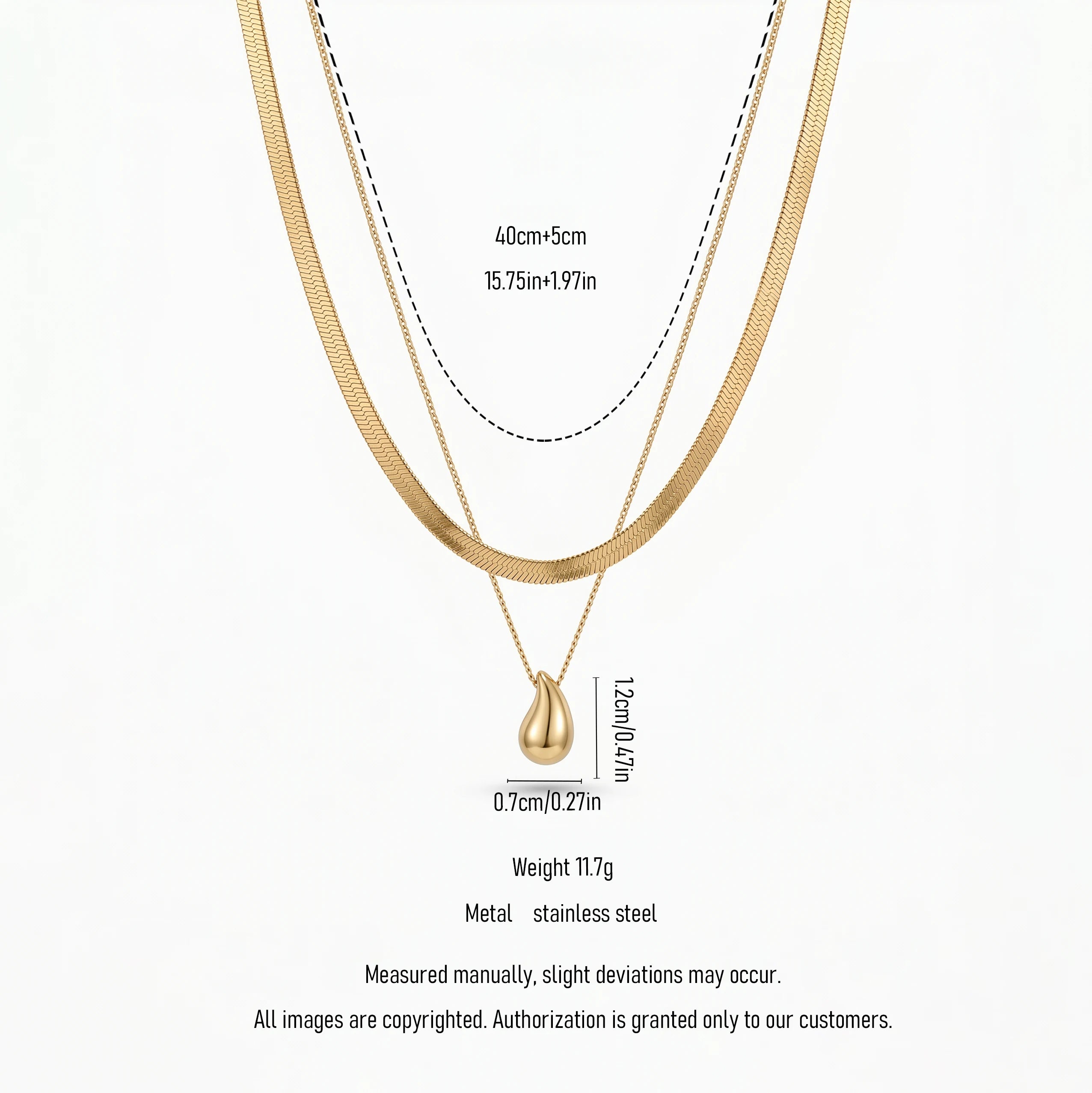 QIOAREN 12882 18K Gold Plated Herringbone Snake Chain Layered Necklace, Waterproof Tarnish Free Teardrop Pendant Stainless Steel