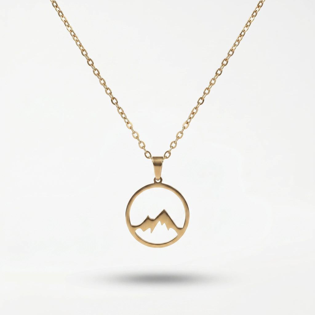 QIAOREN 11251 18K Gold Plated Hollow Mountain Circle Pendant Necklace Stainless Steel Tarnish Free Adventure Hiking Jewelry