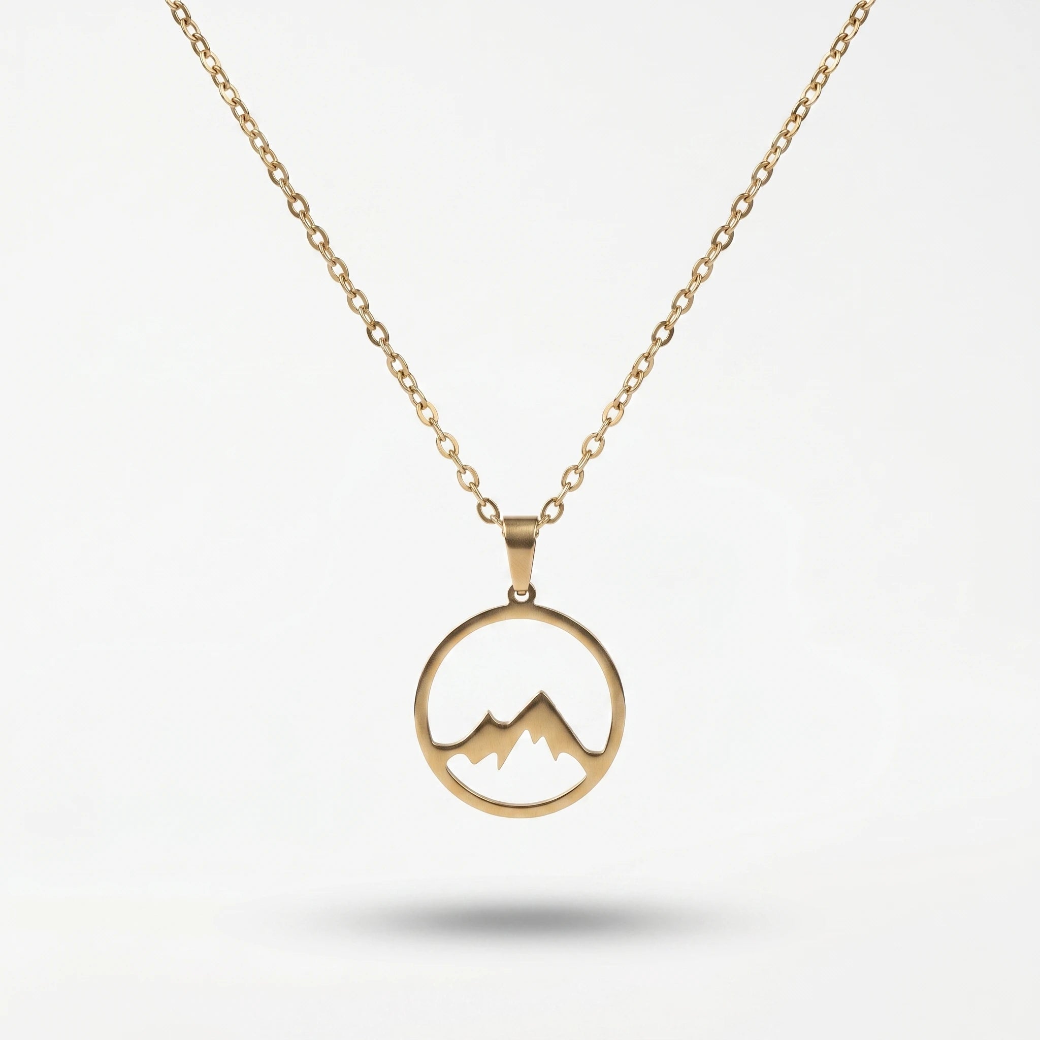 QIAOREN 11251 18K Gold Plated Hollow Mountain Circle Pendant Necklace Stainless Steel Tarnish Free Adventure Hiking Jewelry