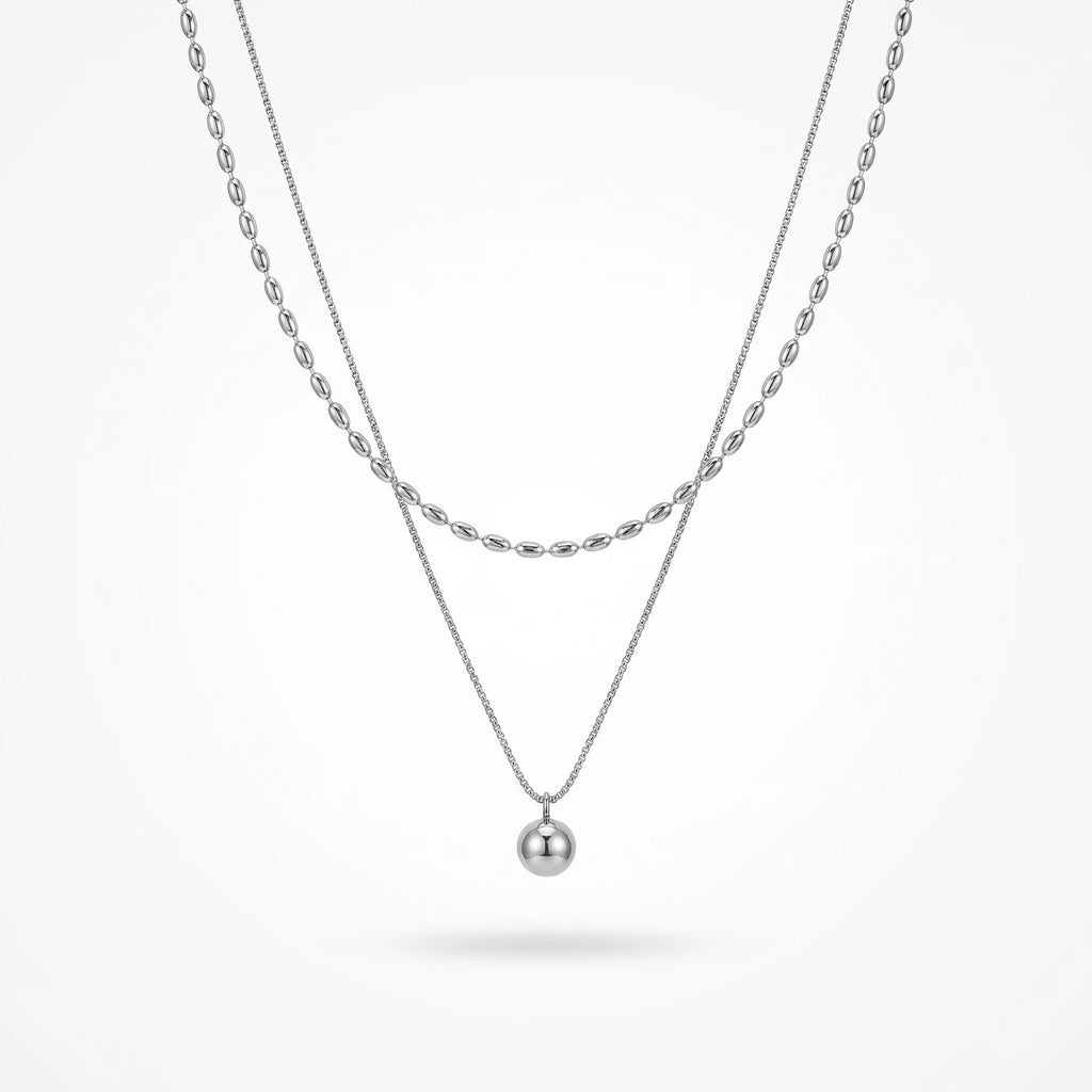 QIAOREN 13530 Double Layer Two-tone Oval Rice Bead & Thin Snake Chain Necklace, Single Smooth Round Ball Pendant Gold Stack