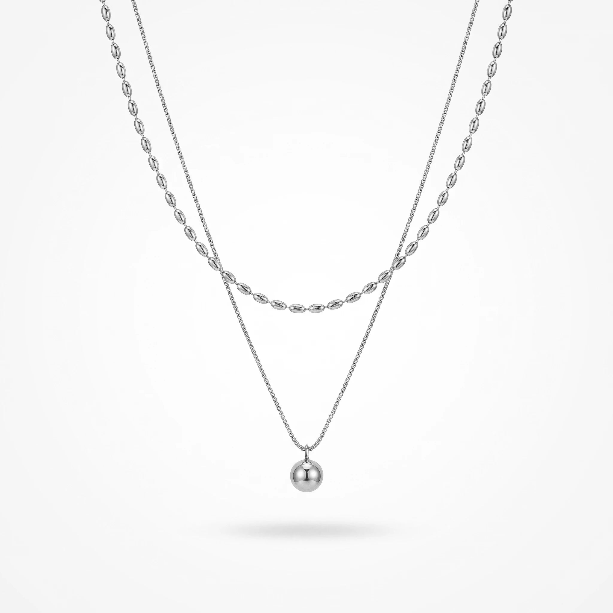 QIAOREN 13530 Double Layer Two-tone Oval Rice Bead & Thin Snake Chain Necklace, Single Smooth Round Ball Pendant Gold Stack