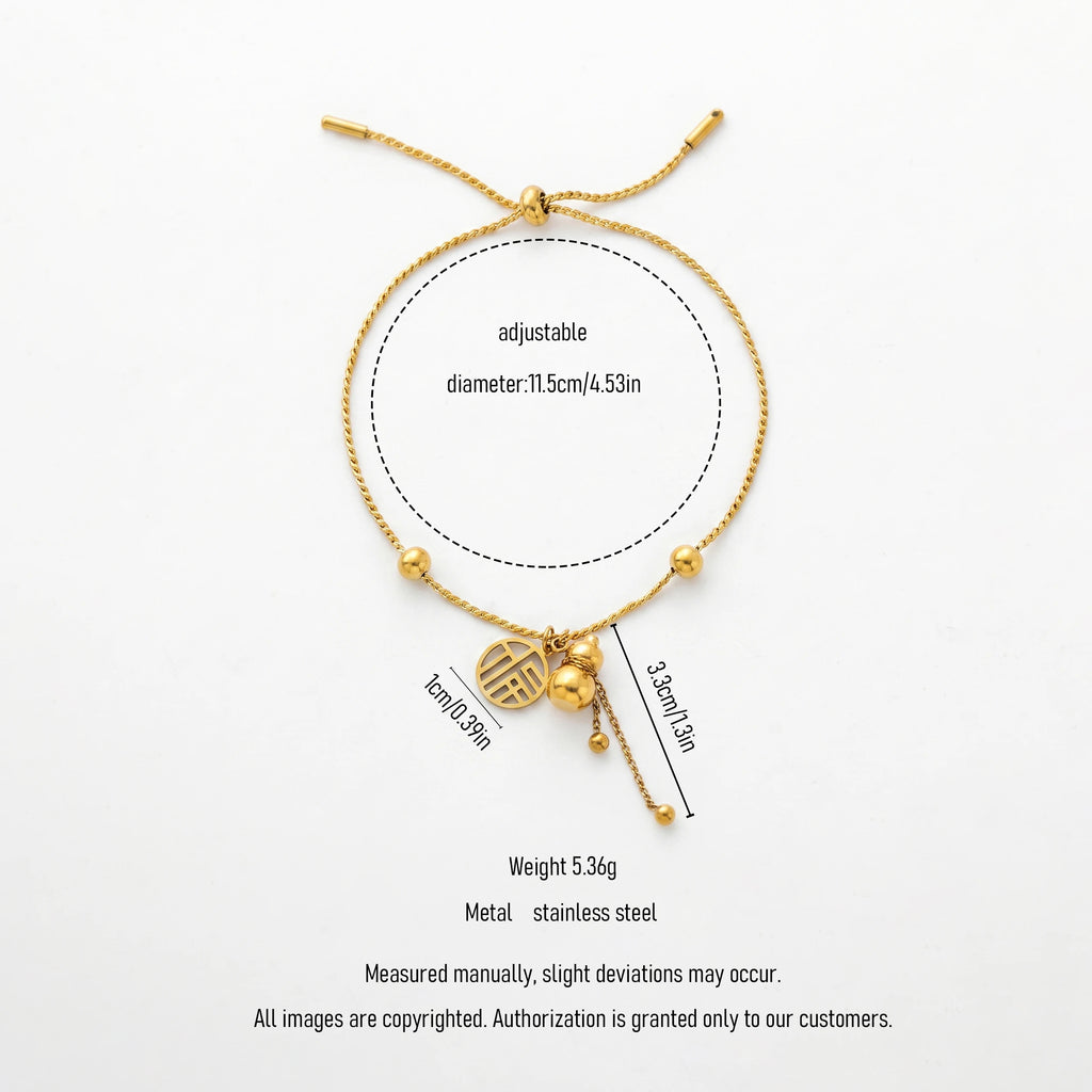 QIAOREN 13299 National Wind Lucky Bracelet 18K Gold Stainless Steel Fu Character Gourd Pendant Adjustable Slider Pull Wire Bead