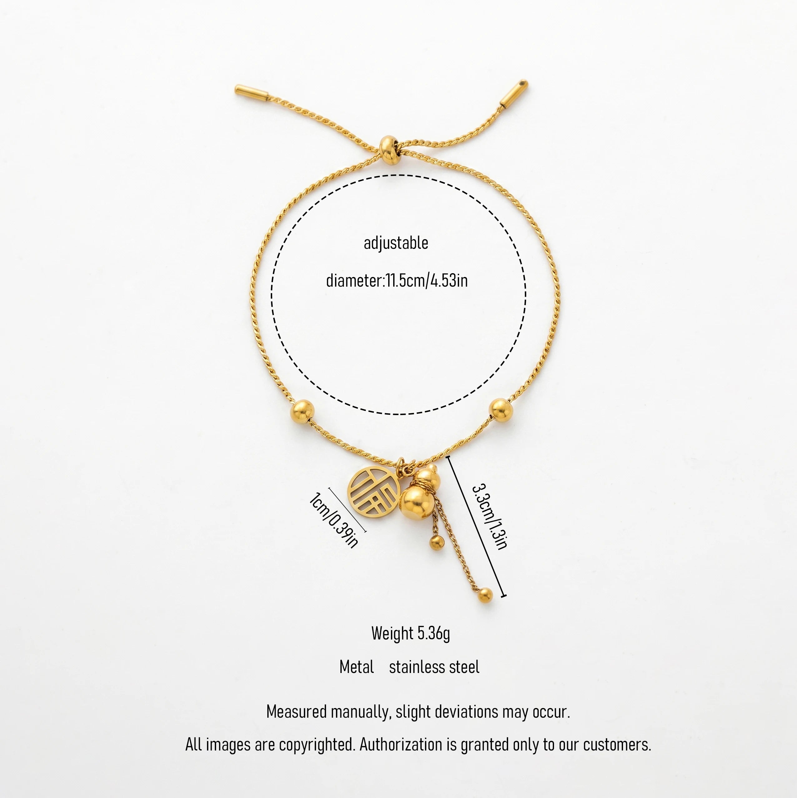 QIAOREN 13299 National Wind Lucky Bracelet 18K Gold Stainless Steel Fu Character Gourd Pendant Adjustable Slider Pull Wire Bead