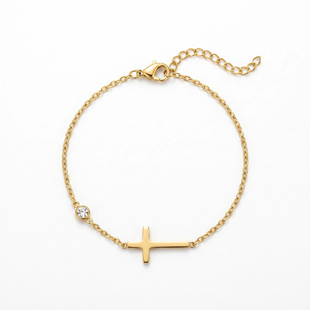 QIAOREN 10611 CZ Bezel Set Cross Charm Bracelet 18K Gold Plated Stainless Steel Waterproof Tarnish Free Jewelry for Women