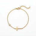 QIAOREN 10611 CZ Bezel Set Cross Charm Bracelet 18K Gold Plated Stainless Steel Waterproof Tarnish Free Jewelry for Women
