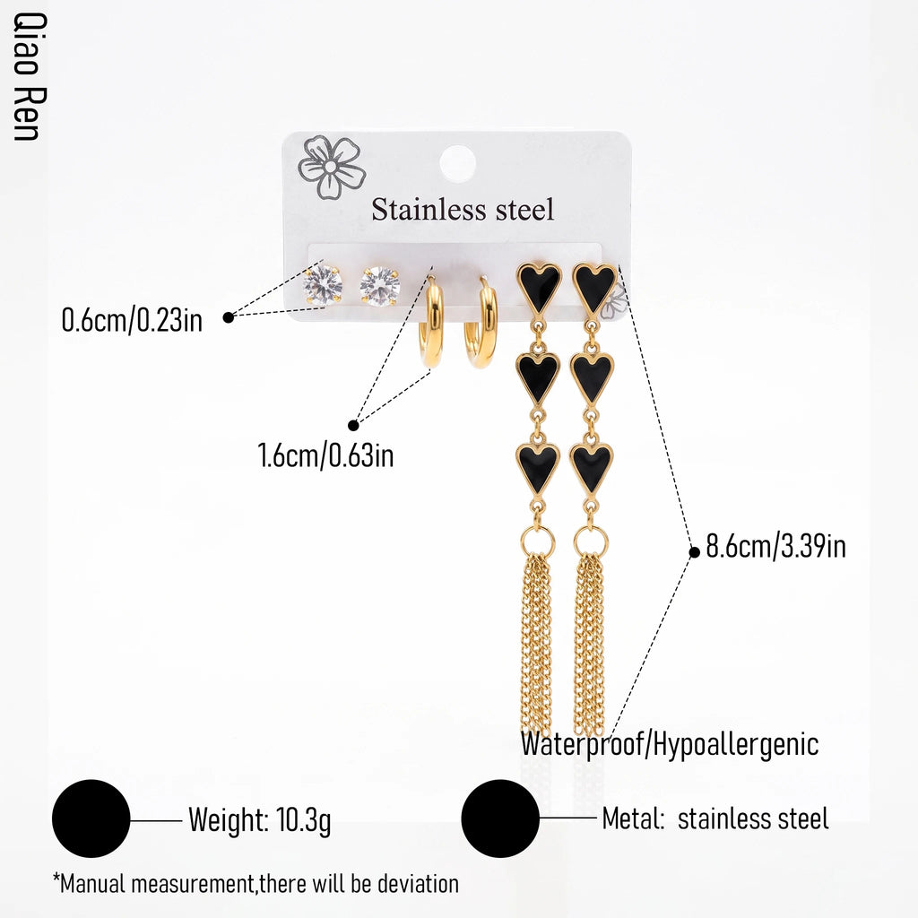 QIAOREN 14490 Black Enamel Heart Tassel Stainless Steel Long Drop Earrings Set,Gold Multi Pair Earring Pack Jewelry Gift