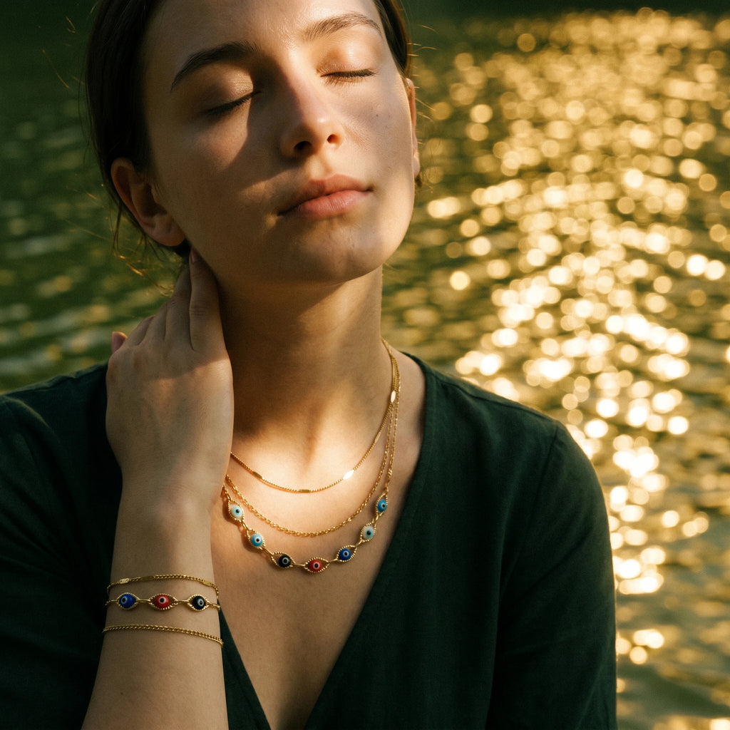 QIAOREN 11647 Boho Colorful Eye Jewelry Set 18K Gold Stainless Steel 3 Layered Necklace Bracelet Beach Vacation