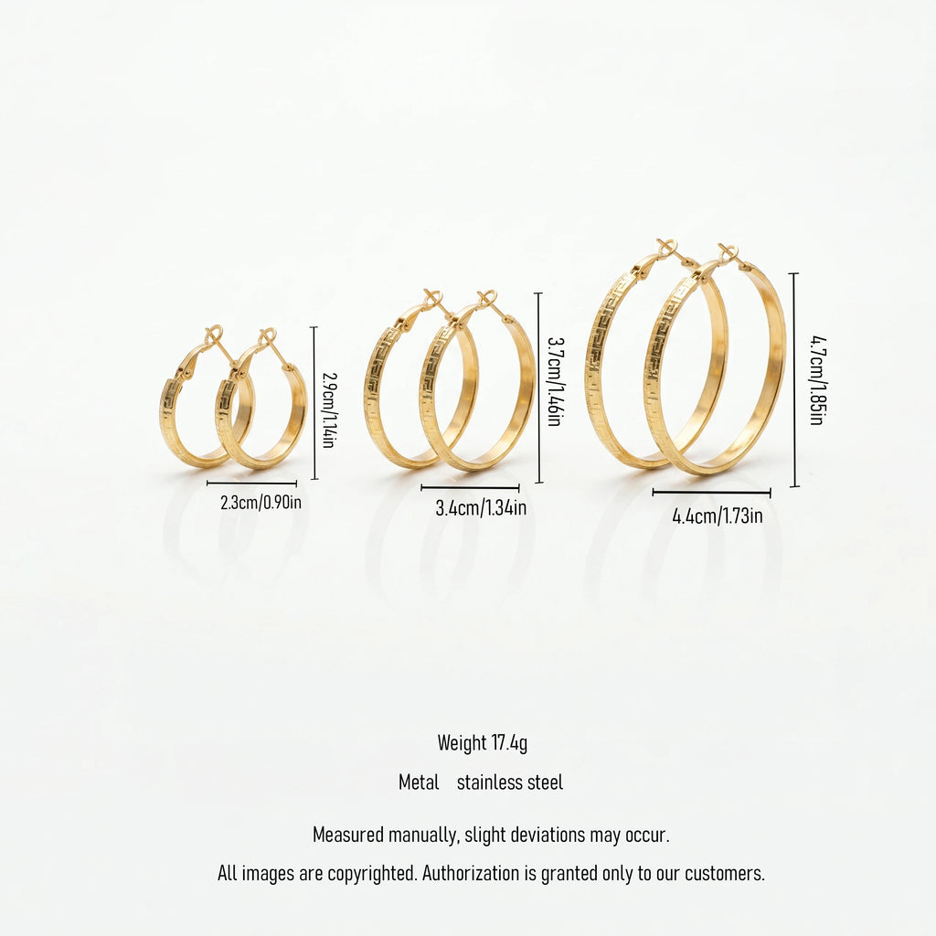 QIAOREN 13199 Gold Plated Greek Key Hoop Earrings for Women Stainless Steel Textured Round Fashion Jewelry