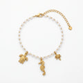 QIAOREN 13330 Beach Pearl Anklet with Sea Turtle, Seahorse & Palm Tree Charms, Tropical Coastal Foot Jewelry Gift