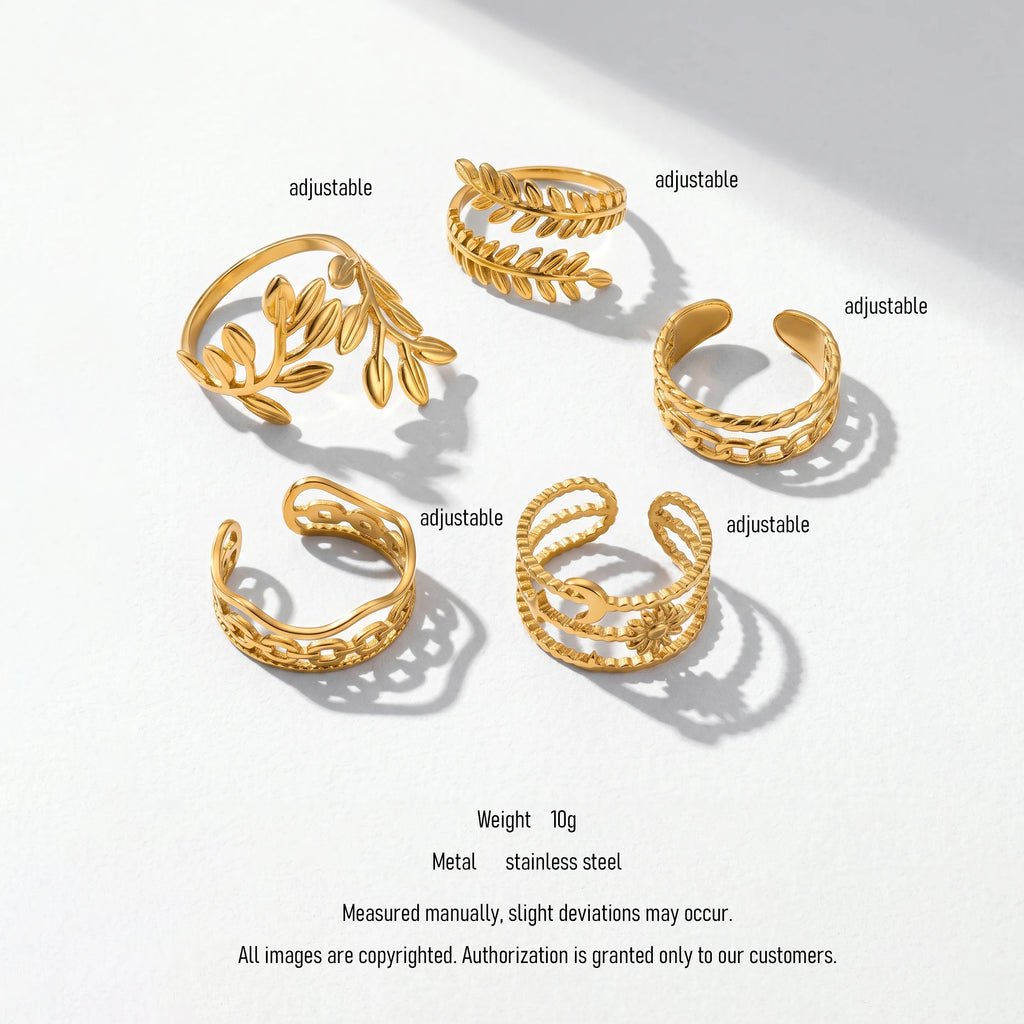 QIAOREN 10709 5Pcs Trendy Gold Plated Stainless Steel Adjustable Stackable Inlay Statement Ring Watch Set for Women