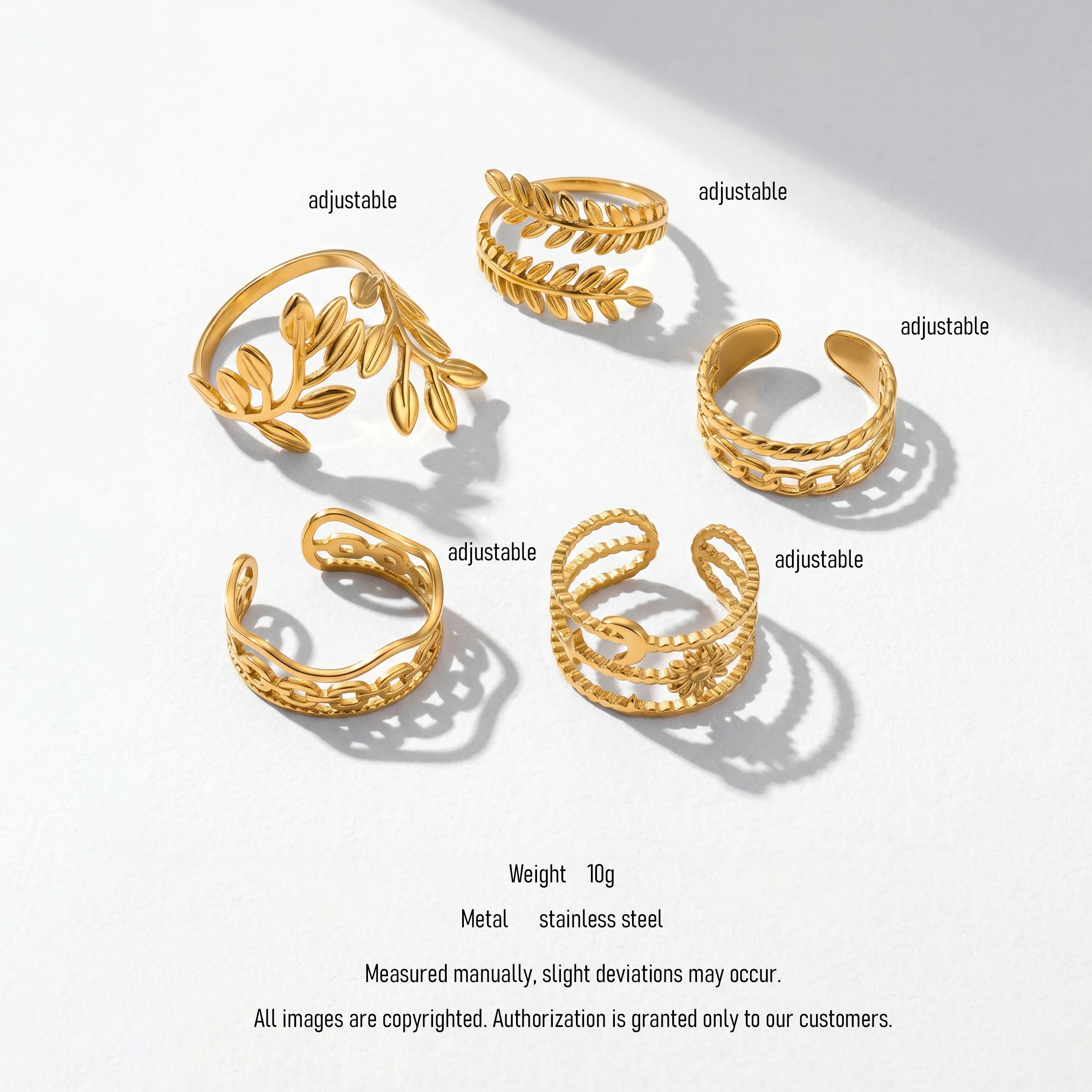 QIAOREN 10709 5Pcs Trendy Gold Plated Stainless Steel Adjustable Stackable Inlay Statement Ring Watch Set for Women