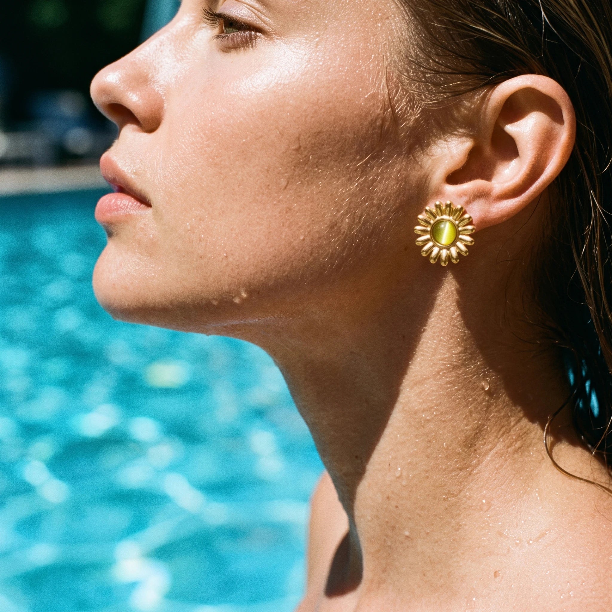 QIAOREN 13265 Gold Tone Daisy Flower Stud Earrings Inlaid Round Yellow Cat Eye Stone Sunflower Shape Pin Studs Warm Retro Gentle