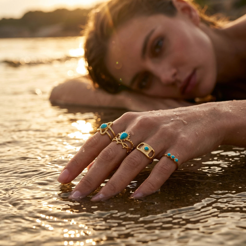 QIAOREN 5Pcs Gold Stainless Steel Turquoise Open Ring Set Irregular Hammered Crown Adjustable Boho Stackable Rings