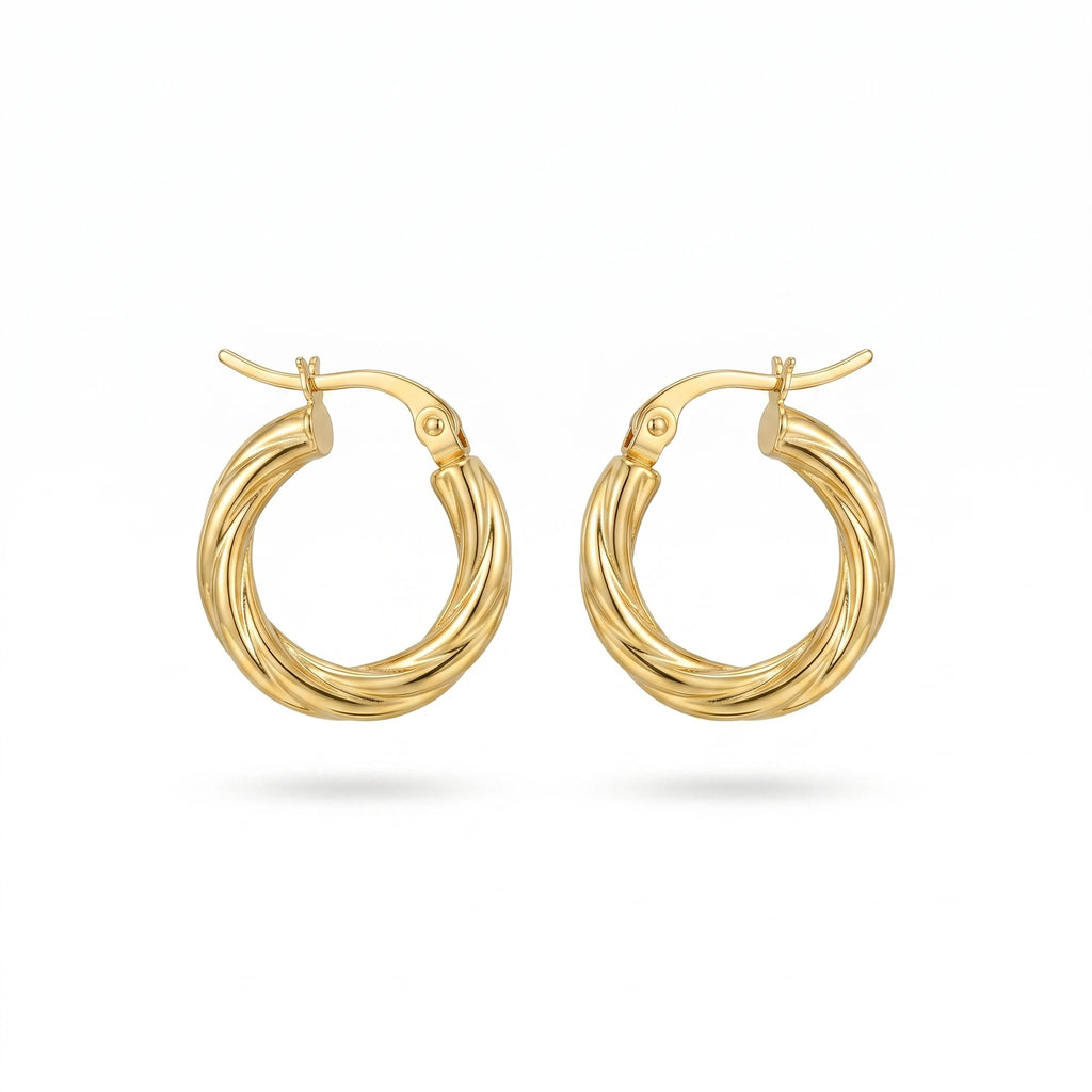 QIAOREN 12387 Twisted Texture Gold Huggie Hoop Earrings Waterproof Stainless Steel 18K PVD Plated Minimalist Daily Jewelry