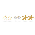 QIAOREN 13253 3 PCS Set 18K Gold Plated Stainless Steel 3 Pairs Star  & CZ Stud Earrings Set Hollow Solid Sea Shell Zircon