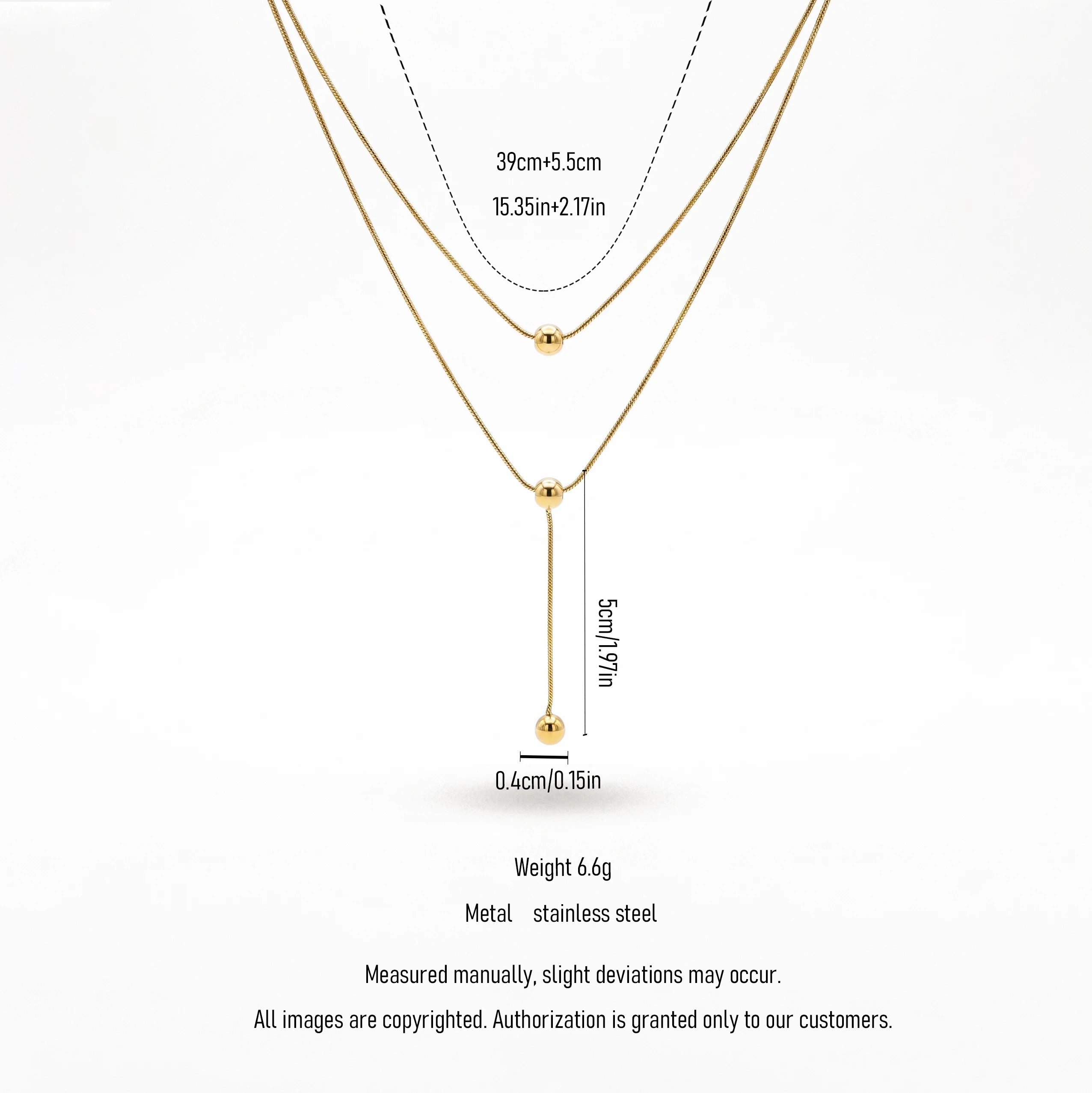 QIAOREN 13462 Minimalist Double Layer Snake Chain Necklace with Sliding Round Ball Pendants, Dainty Simple Neck Jewelry Gift
