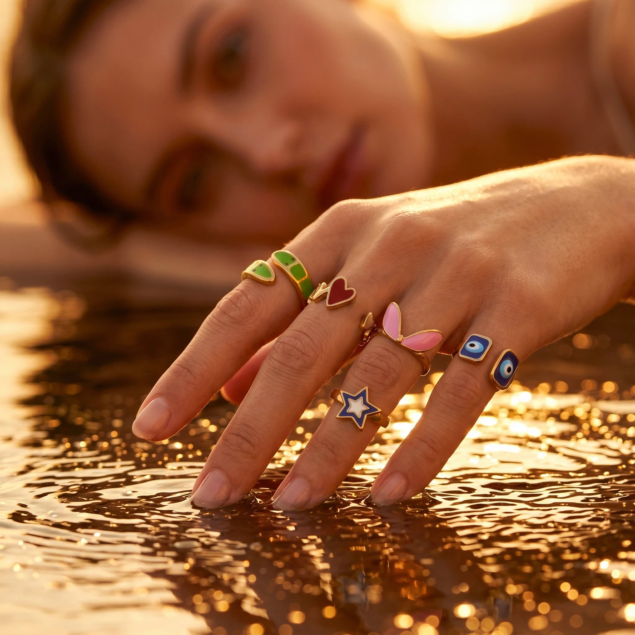 QIAOREN Stainless Steel Adjustable Eye Motif Ring Set Gold Plated Stackable CZ Turquoise Fashion Rings for Women