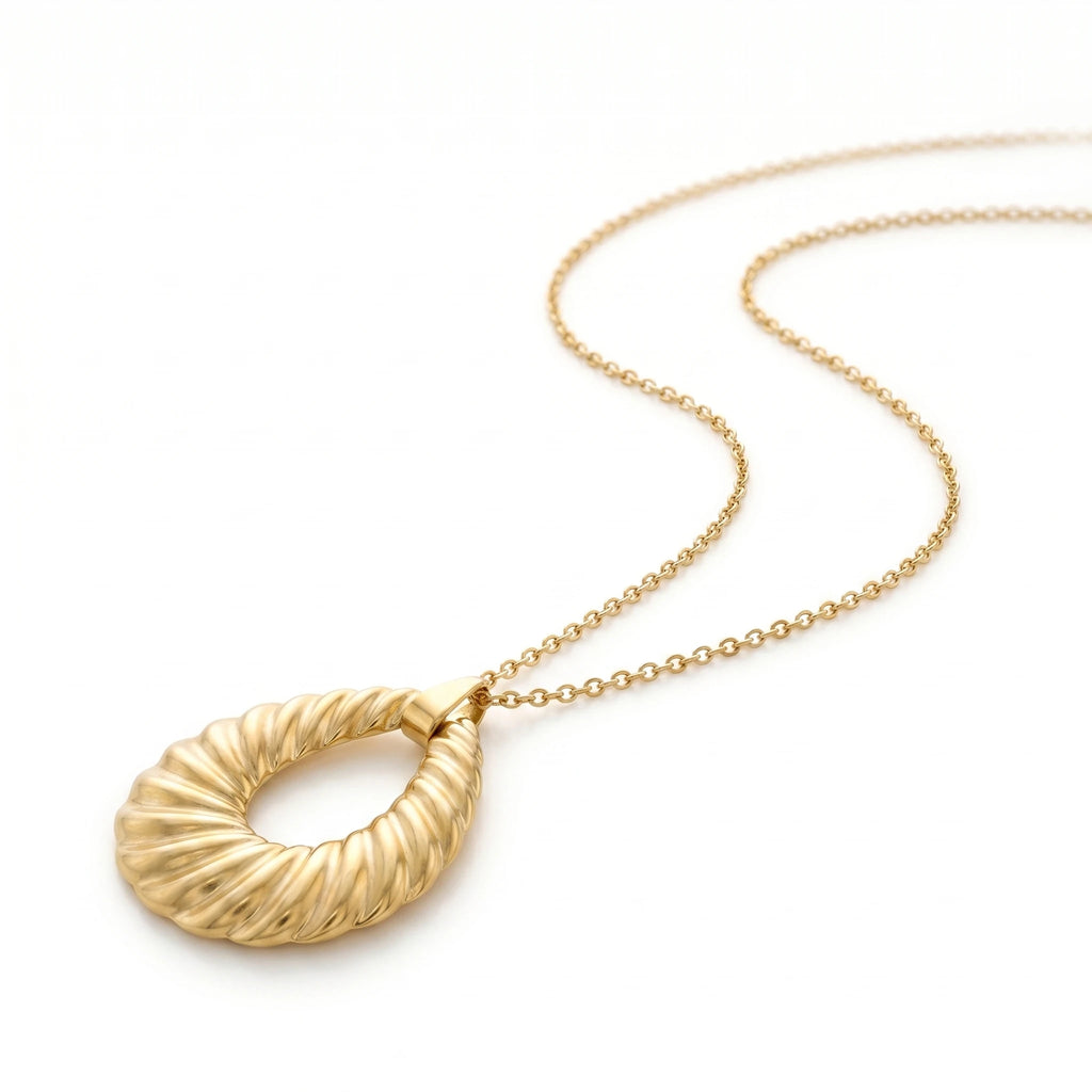 QIAOREN 12878 18K Gold Plated Ribbed Croissant Teardrop Necklace, Waterproof Tarnish Free Stainless Steel Statement Jewelry