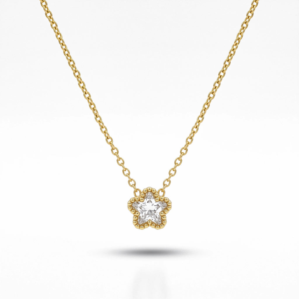 QIAOREN 13542 Dainty Single Star Zircon Pendant Necklace with Beaded Border Frame, Thin Gold Cable Chain