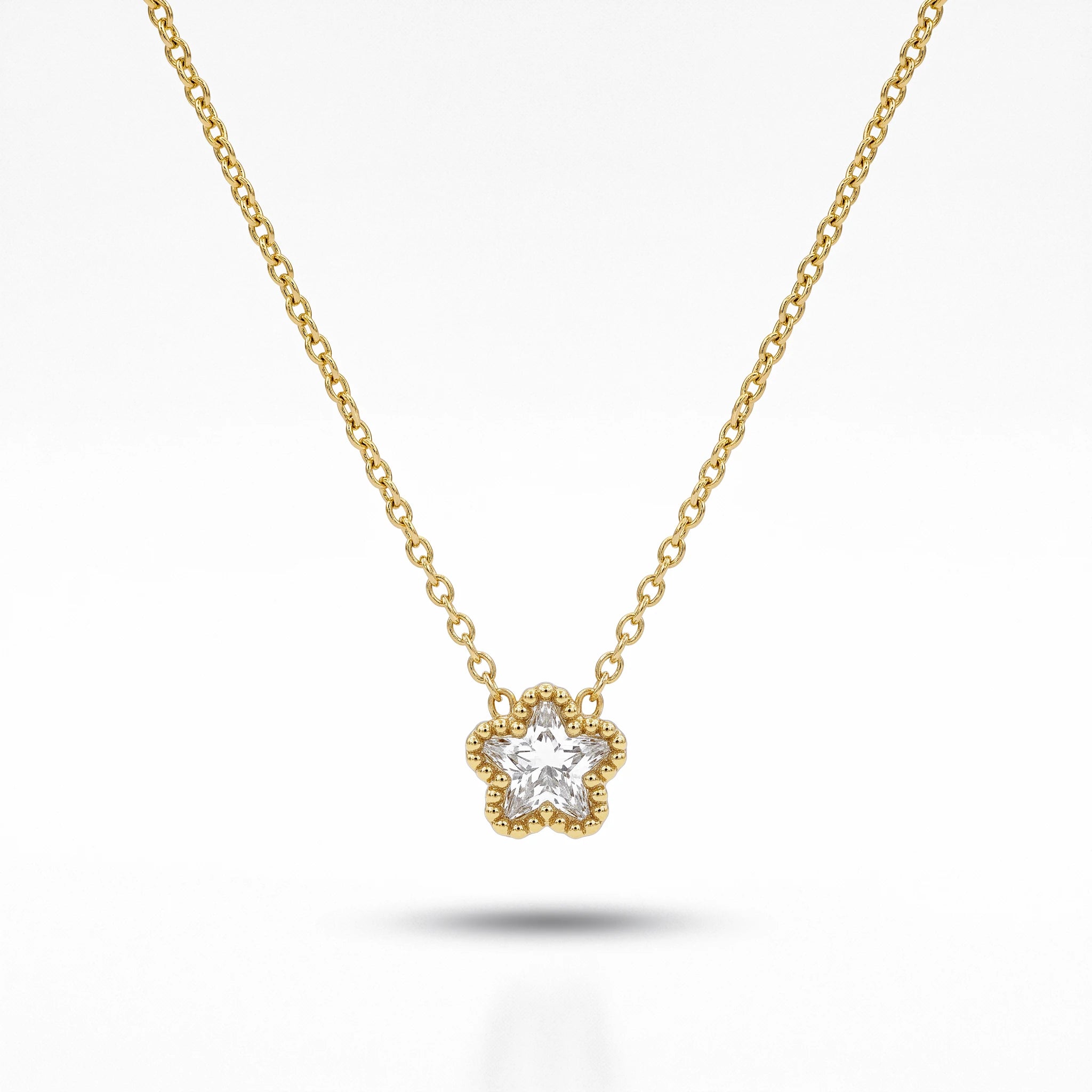 QIAOREN 13542 Dainty Single Star Zircon Pendant Necklace with Beaded Border Frame, Thin Gold Cable Chain