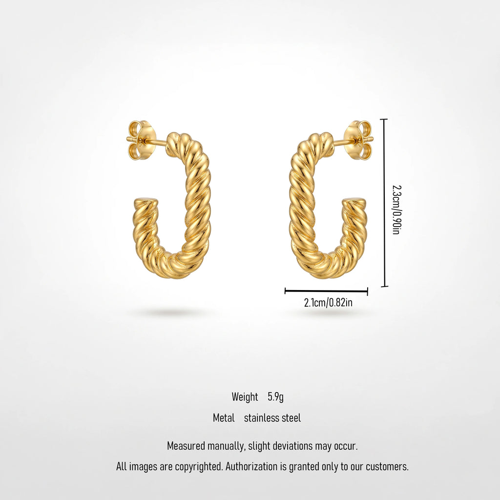 QIAOREN 13273 Gold Tone Twisted Rope C Shape Stud Earrings Textured Braided Half Circle Pin Studs Retro Minimalist Design