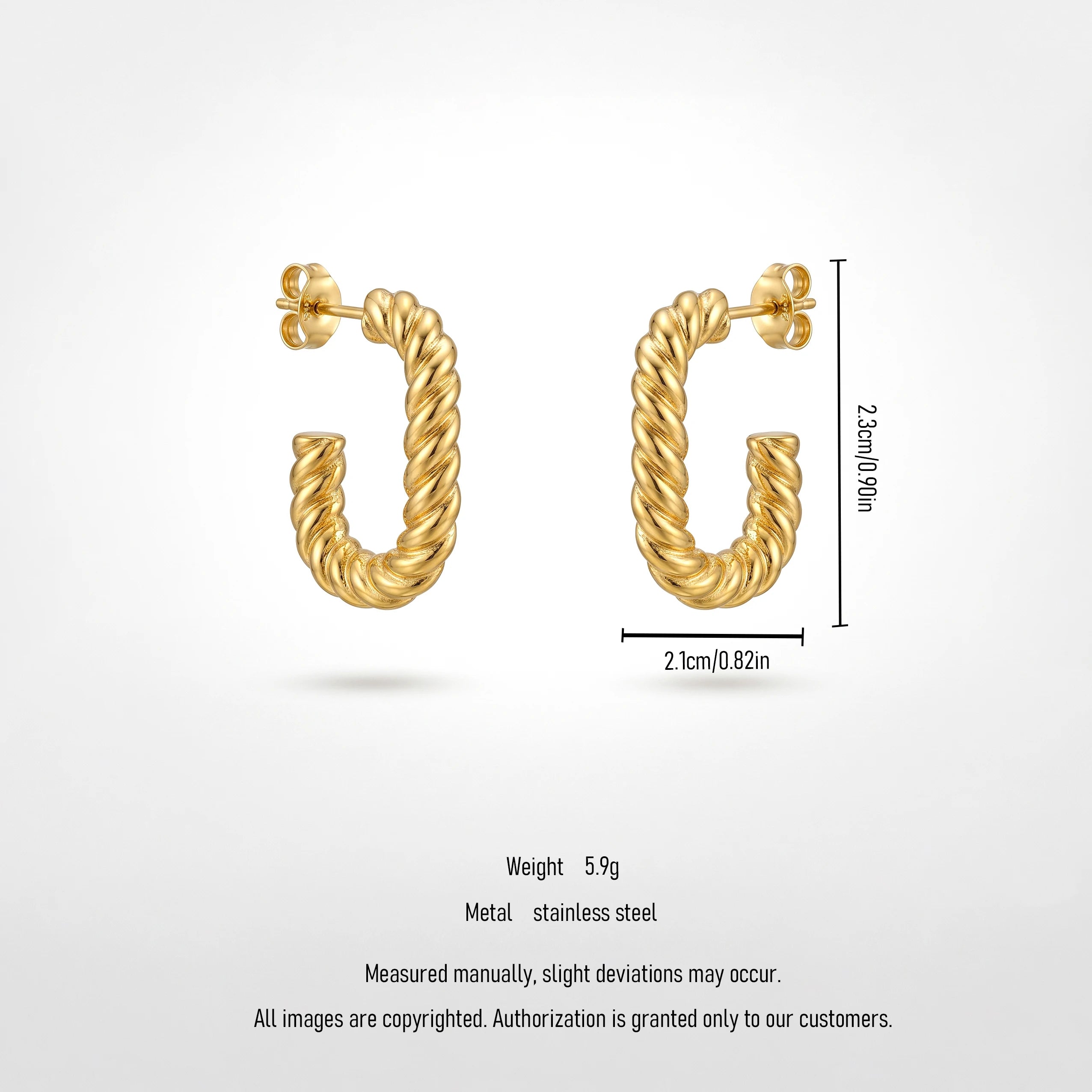 QIAOREN 13273 Gold Tone Twisted Rope C Shape Stud Earrings Textured Braided Half Circle Pin Studs Retro Minimalist Design