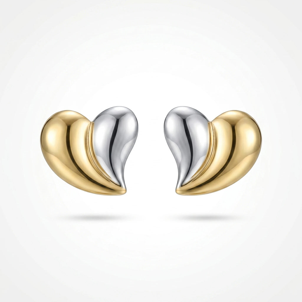 QIAOREN 12450 Tone Split Heart Stud Earrings Waterproof Stainless Steel PVD Gold Silver Contrast Glossy Love Ear Jewelry Trendy