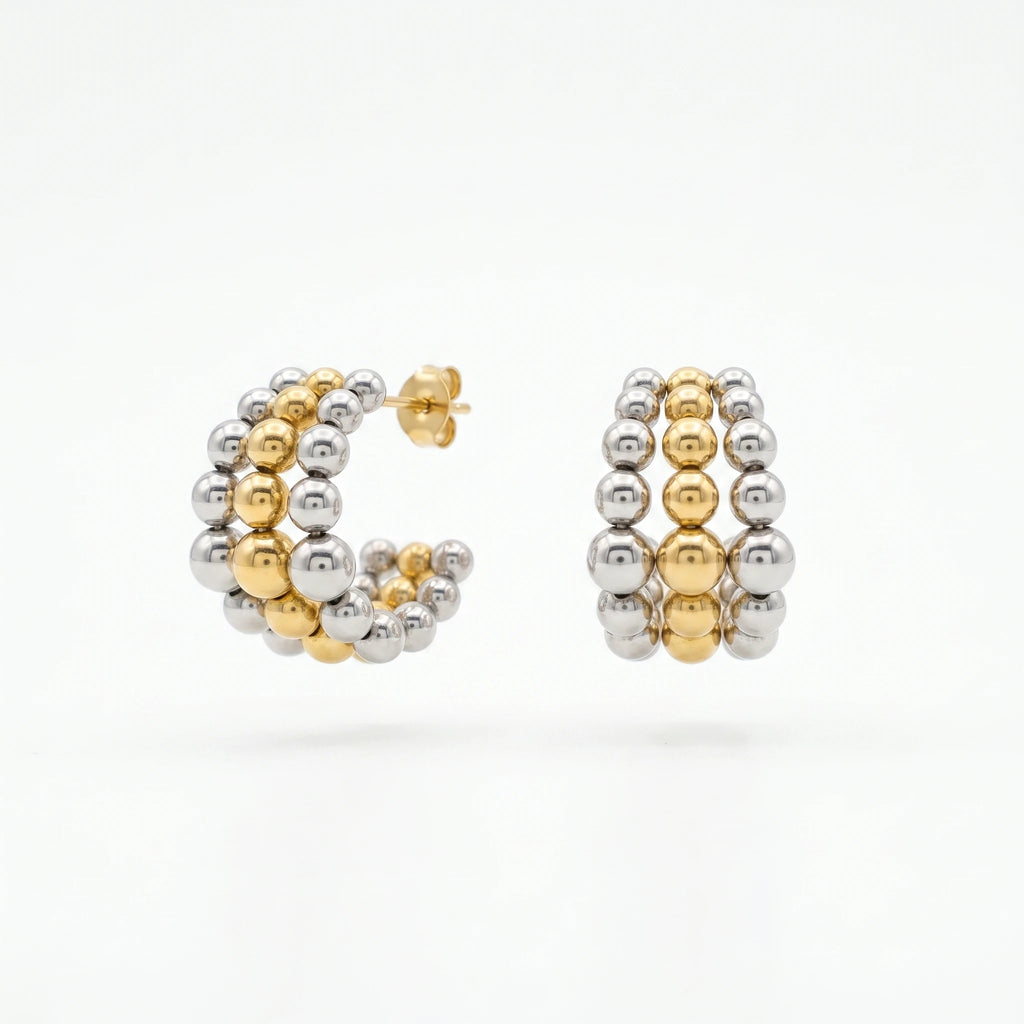 QIAOREN 12753 Stainless Steel Two Tone Beaded Hoop Earrings Silver Gold Mixed Ball Chunky Cuff Ear Jewelry for Women