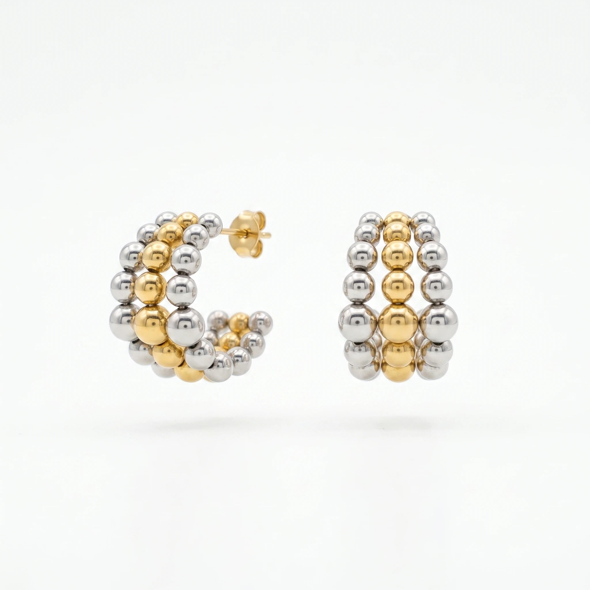 QIAOREN 12753 Stainless Steel Two Tone Beaded Hoop Earrings Silver Gold Mixed Ball Chunky Cuff Ear Jewelry for Women