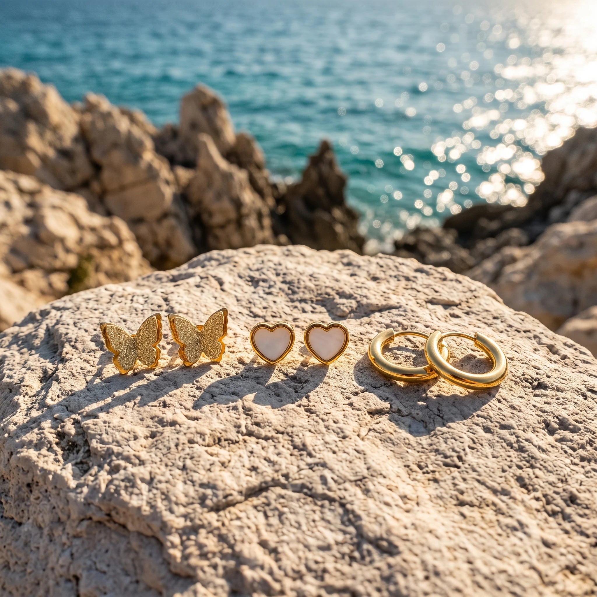 QIAOREN 14484 3 Pairs Gold Stainless Steel Earrings Set, Frosted Butterfly Studs, Shell Heart Studs & Minimalist Huggie Hoop Ear