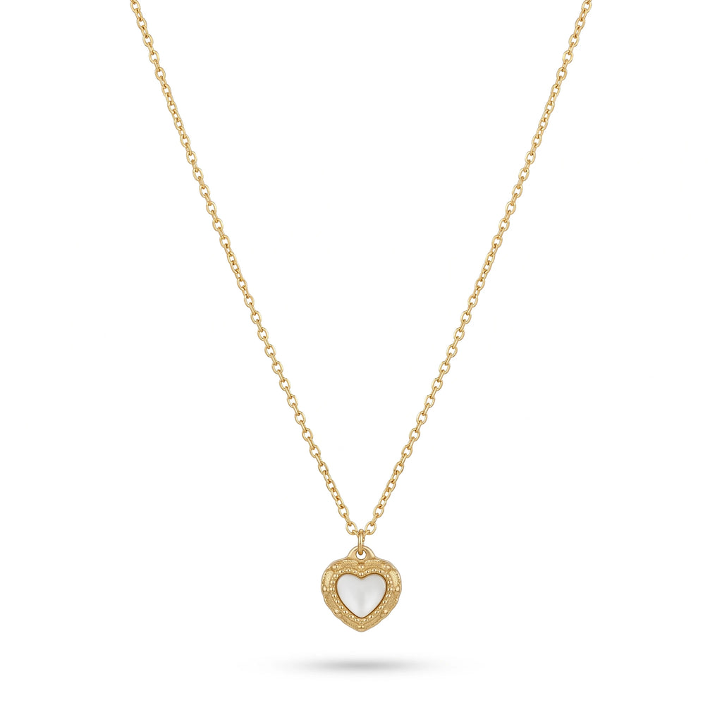 QIAOREN 13939 Thin Oval Link Chain Milgrain Bezel Heart Pendant Inlaid White Mother of Pearl, Polished Gold Vintage Love