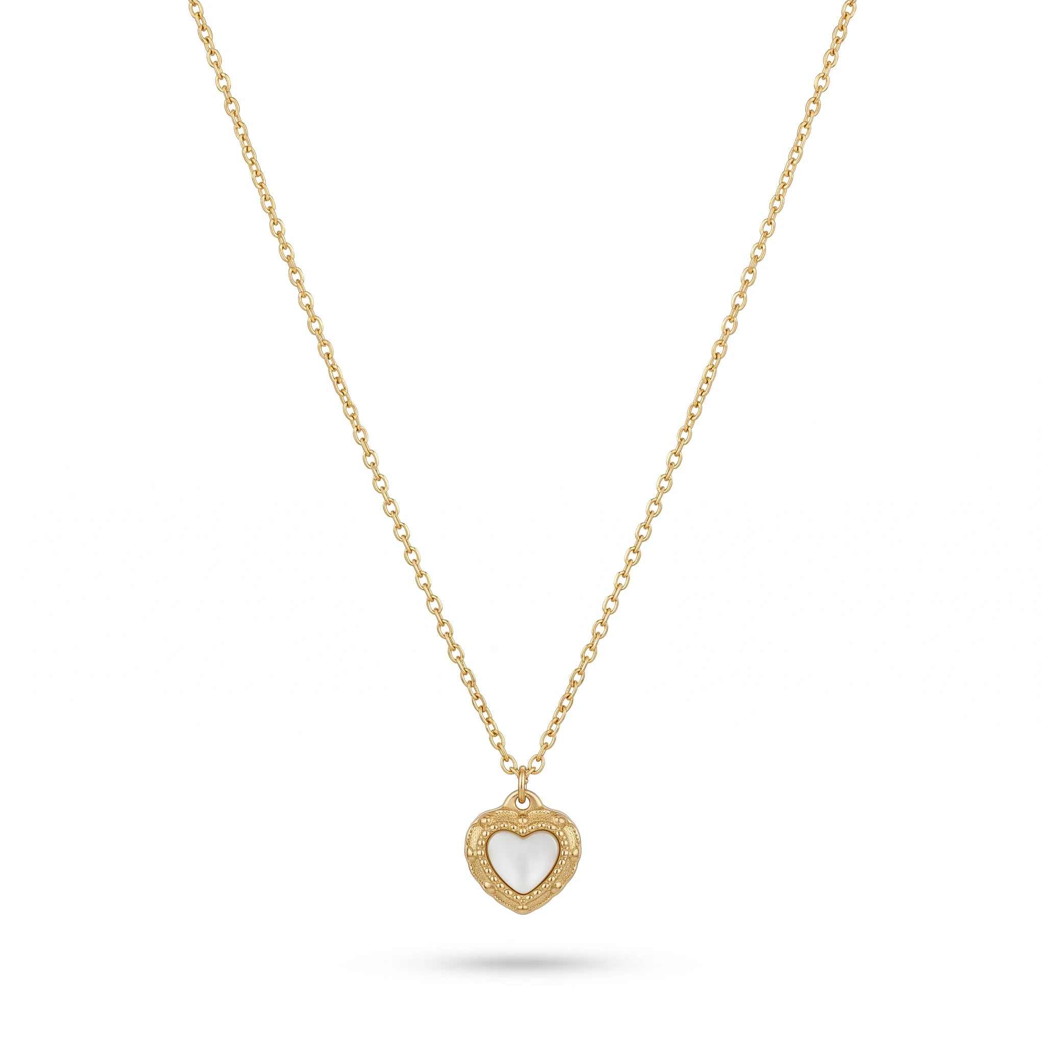 QIAOREN 13939 Thin Oval Link Chain Milgrain Bezel Heart Pendant Inlaid White Mother of Pearl, Polished Gold Vintage Love