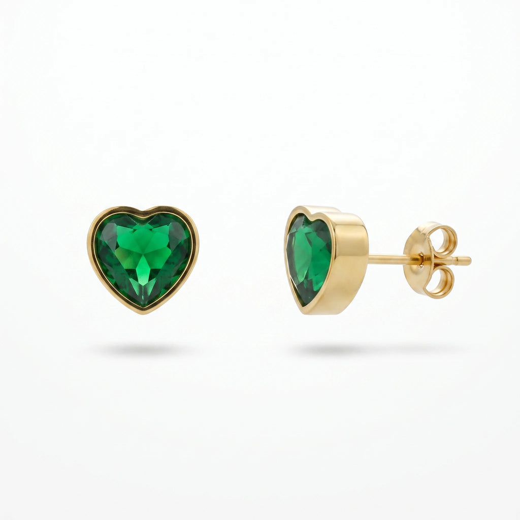 QIAOREN 13816 Solid Bezel Set Heart Stud Earrings with Emerald Green Heart Cut CZ Stone, Polished Gold Stainless Steel Earring