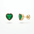 QIAOREN 13816 Solid Bezel Set Heart Stud Earrings with Emerald Green Heart Cut CZ Stone, Polished Gold Stainless Steel Earring