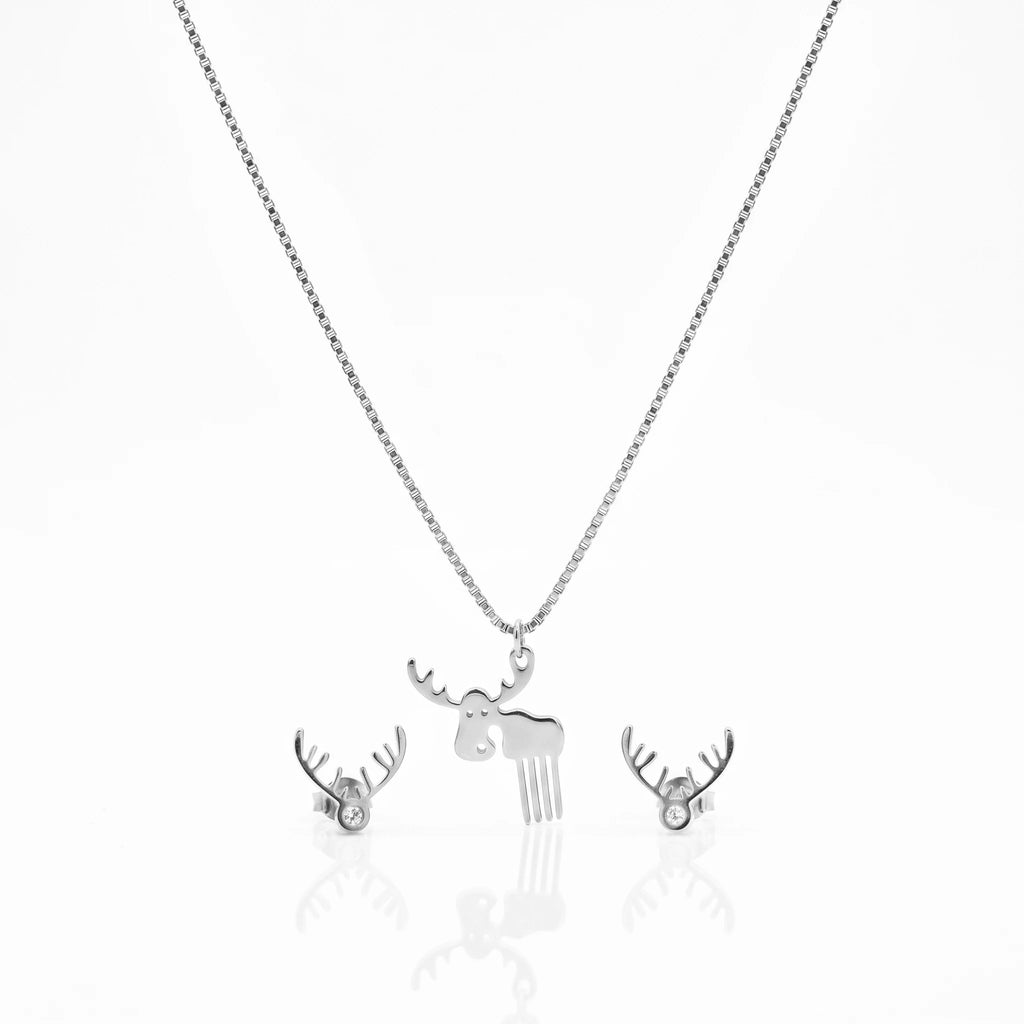 QIAOREN 11878 Waterproof Cute Moose Jewelry Set 18K Gold Stainless Steel Pendant Necklace Matching Antler Stud Earrings