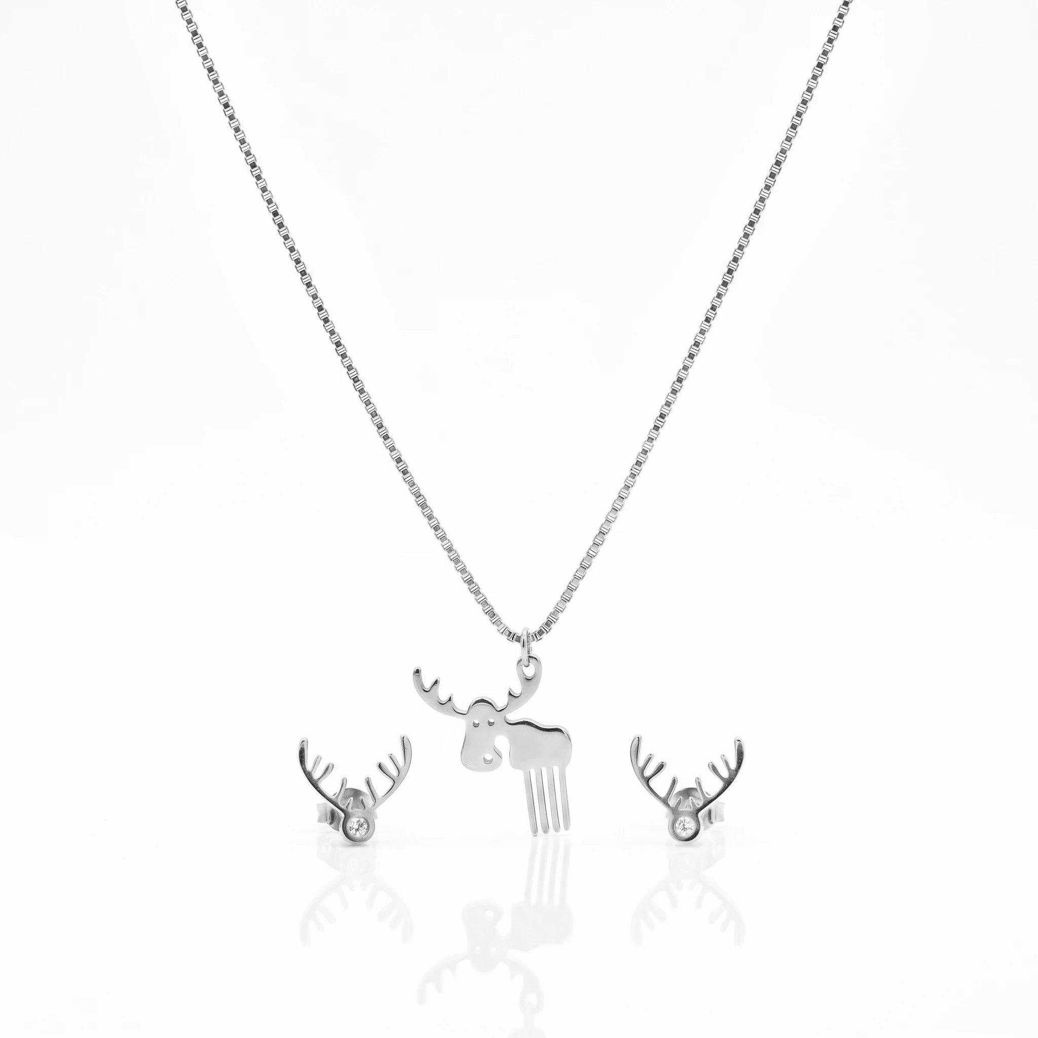 QIAOREN 11878 Waterproof Cute Moose Jewelry Set 18K Gold Stainless Steel Pendant Necklace Matching Antler Stud Earrings