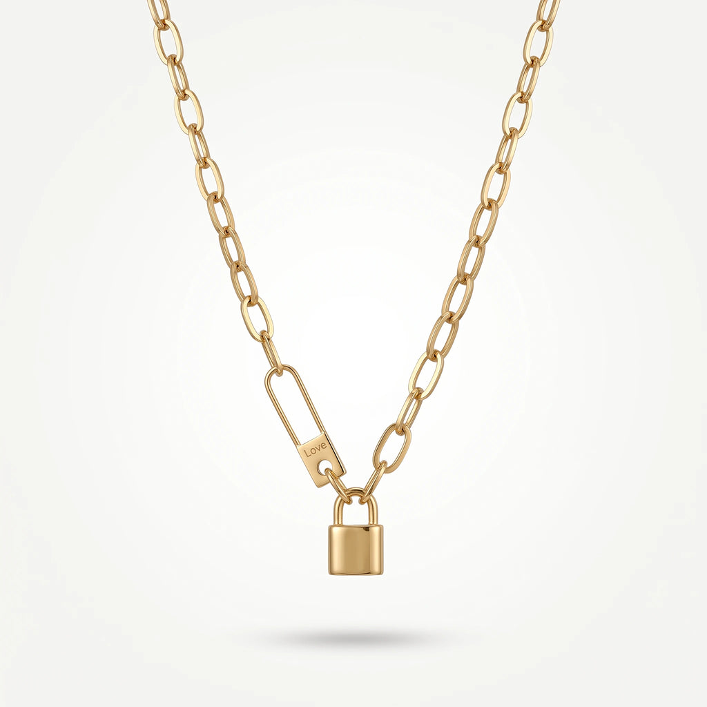QIAOREN 13567 Gold Stainless Steel Paperclip Chain Necklace with Lock Pendant Minimalist Padlock Jewelry Fashion Gift for Women