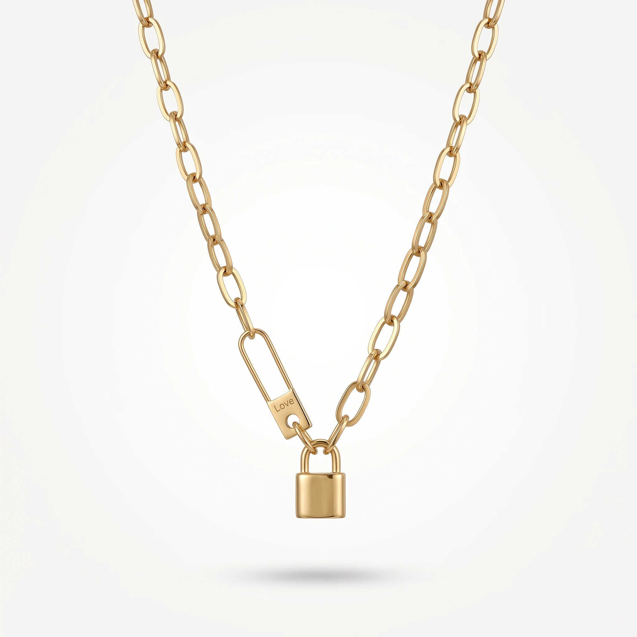 QIAOREN 13567 Gold Stainless Steel Paperclip Chain Necklace with Lock Pendant Minimalist Padlock Jewelry Fashion Gift for Women